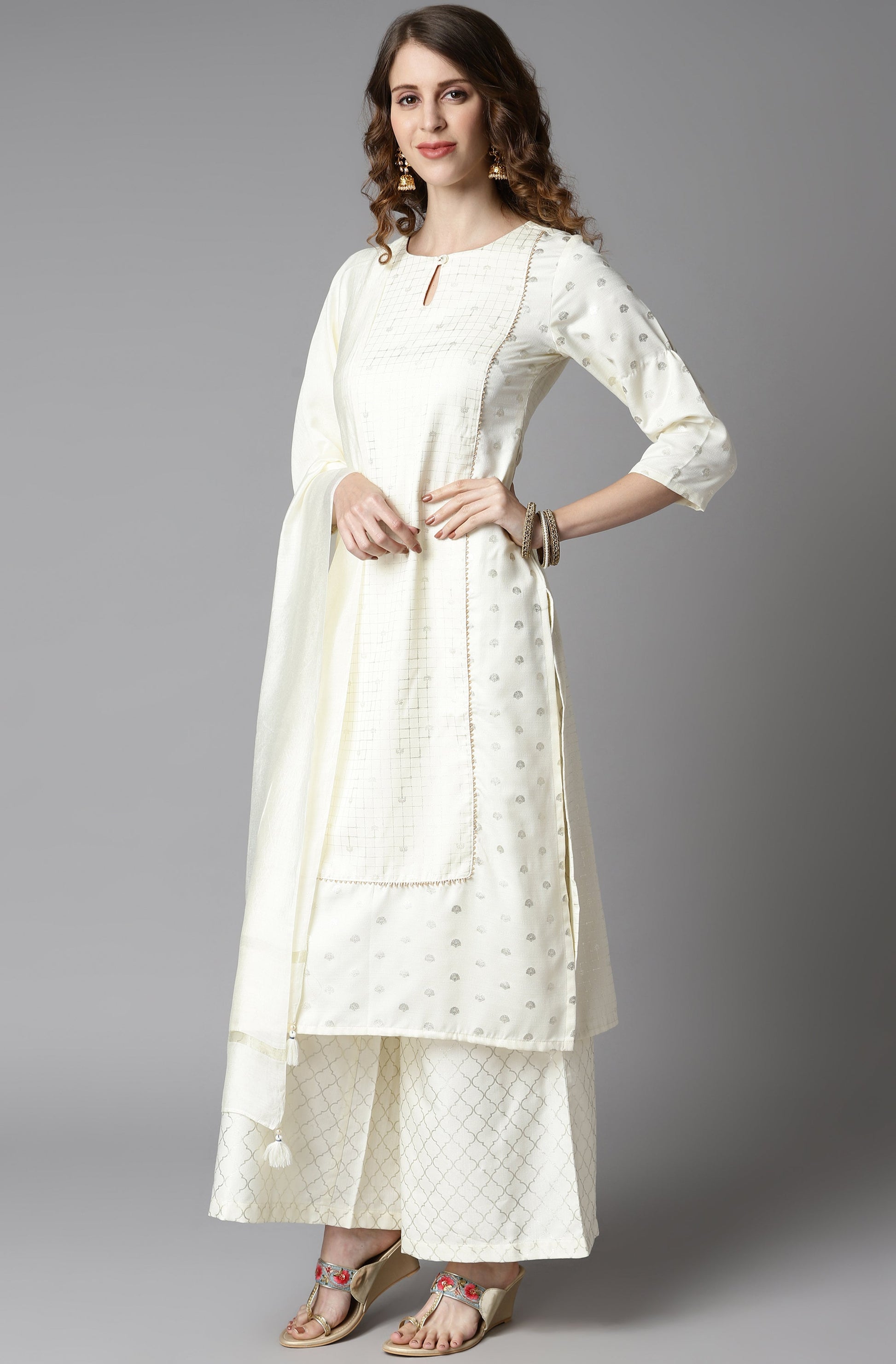 Janasya Women's Off- White Poly Silk Ethnic Motifs Kurta With Palazzo And Dupatta | Swadesiicart