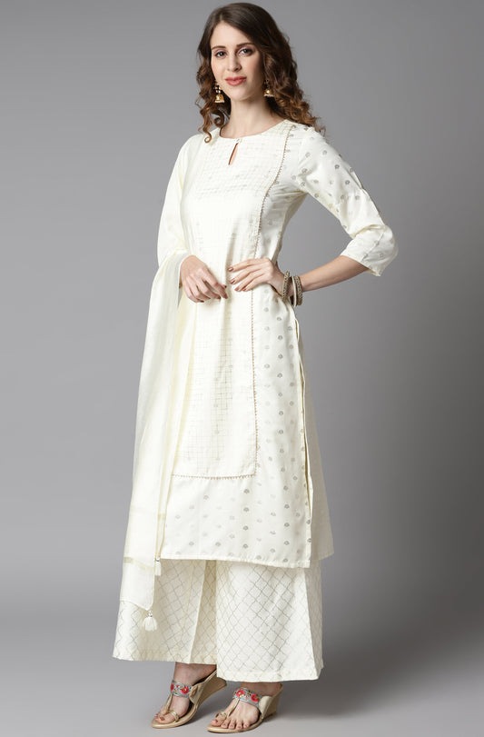 Janasya Women's Off- White Poly Silk Ethnic Motifs Kurta With Palazzo And Dupatta | Swadesiicart