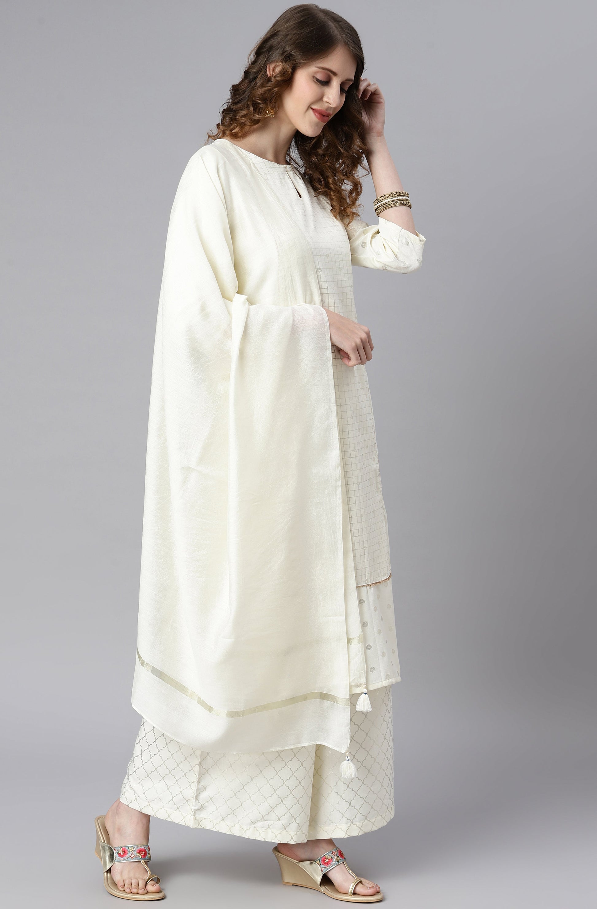 Janasya Women's Off- White Poly Silk Ethnic Motifs Kurta With Palazzo And Dupatta | Swadesiicart