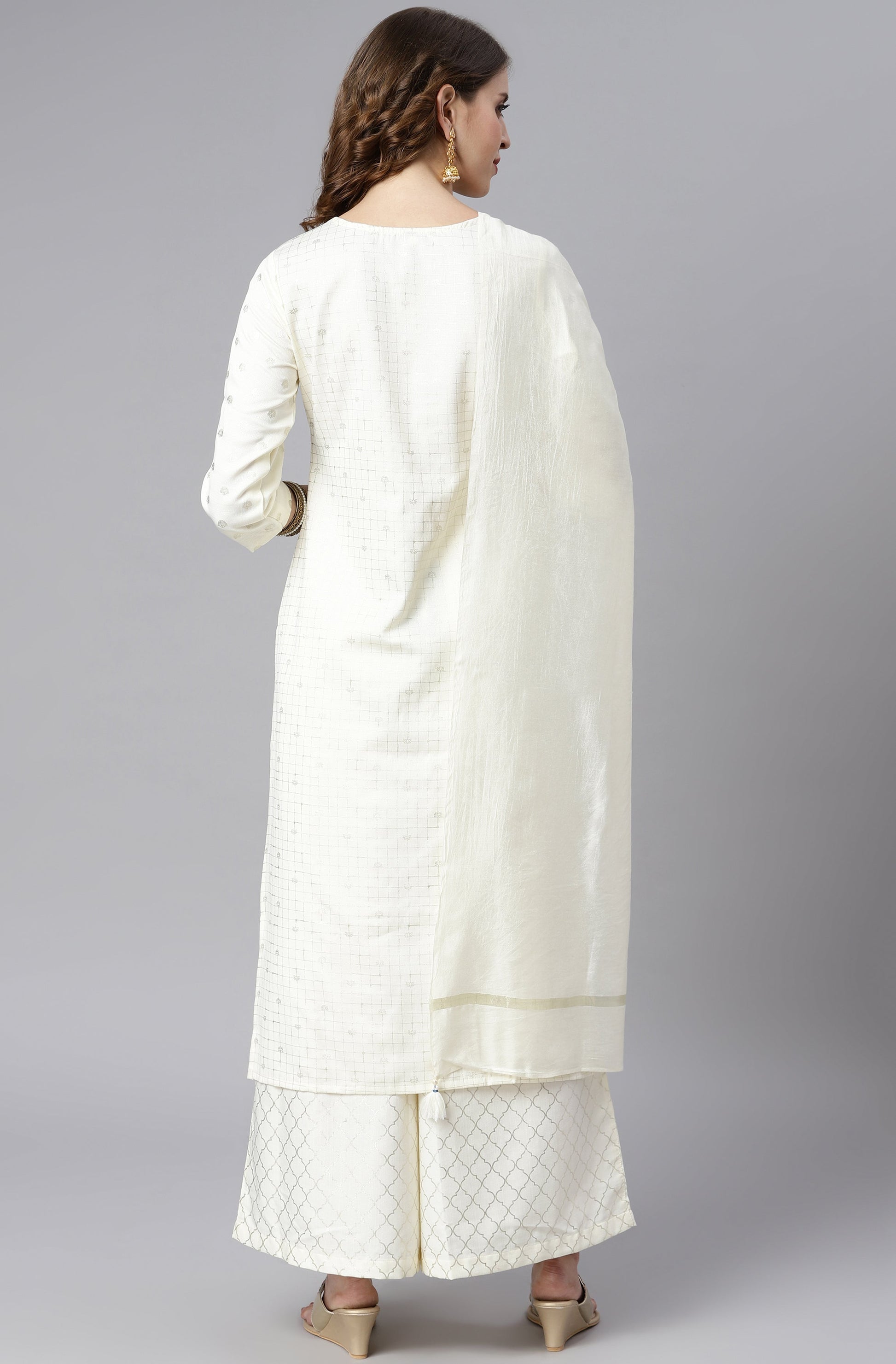 Janasya Women's Off- White Poly Silk Ethnic Motifs Kurta With Palazzo And Dupatta | Swadesiicart