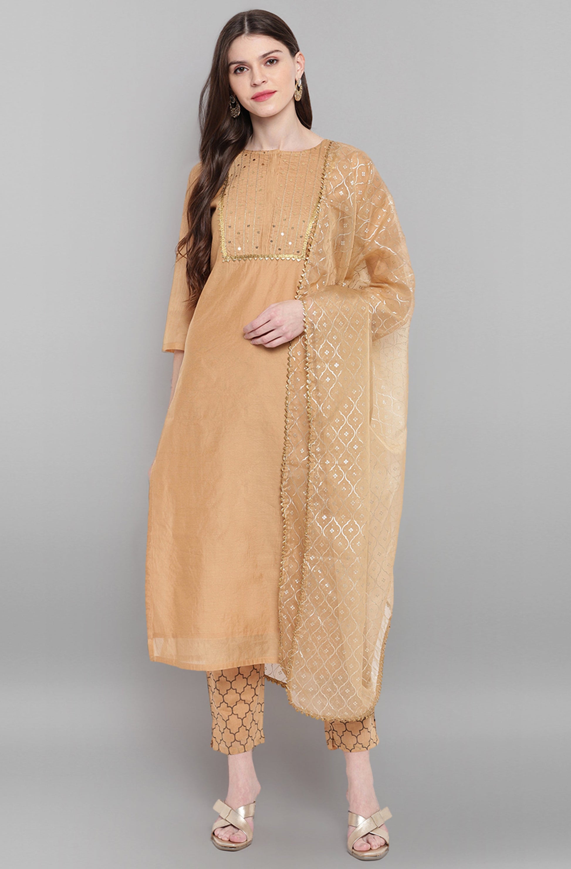 Janasya Women's Gold Poly Chanderi Embellished Kurta With Pant And Dupatta | Swadesiicart