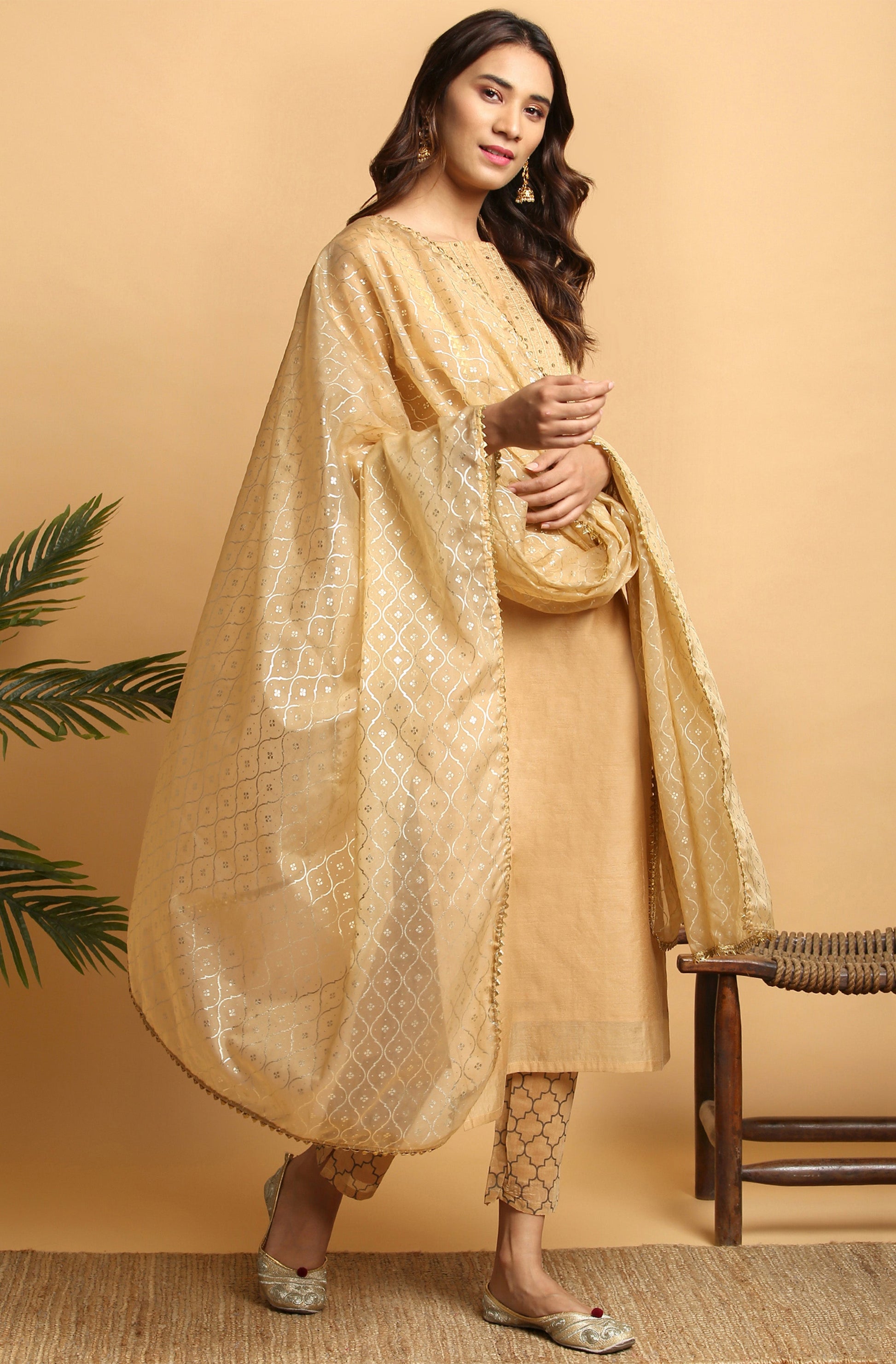 Janasya Women's Gold Poly Chanderi Embellished Kurta With Pant And Dupatta | Swadesiicart