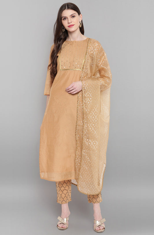 Janasya Women's Gold Poly Chanderi Embellished Kurta With Pant And Dupatta | Swadesiicart