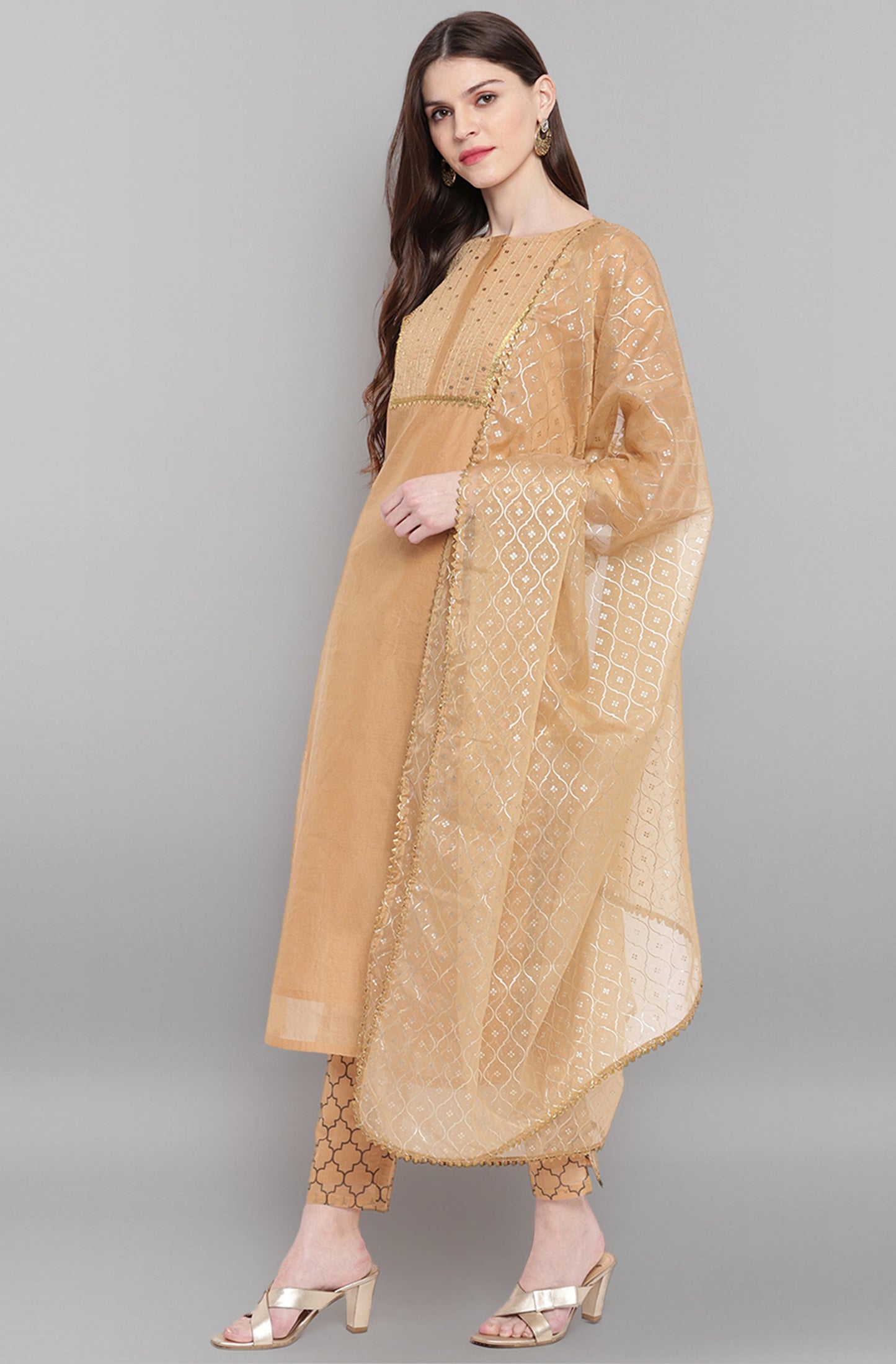 Janasya Women's Gold Poly Chanderi Embellished Kurta With Pant And Dupatta | Swadesiicart