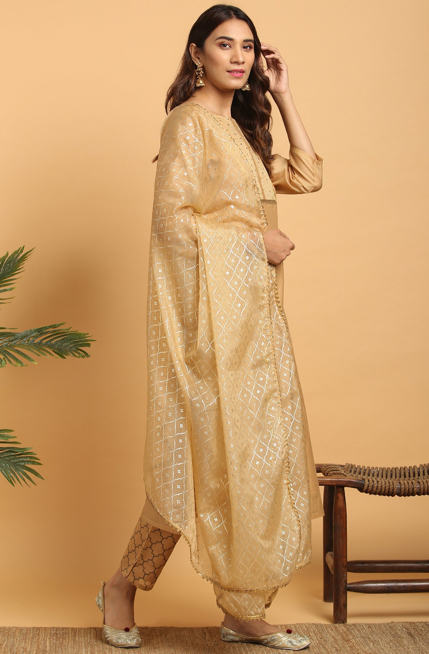 Janasya Women's Gold Poly Chanderi Embellished Kurta With Pant And Dupatta | Swadesiicart
