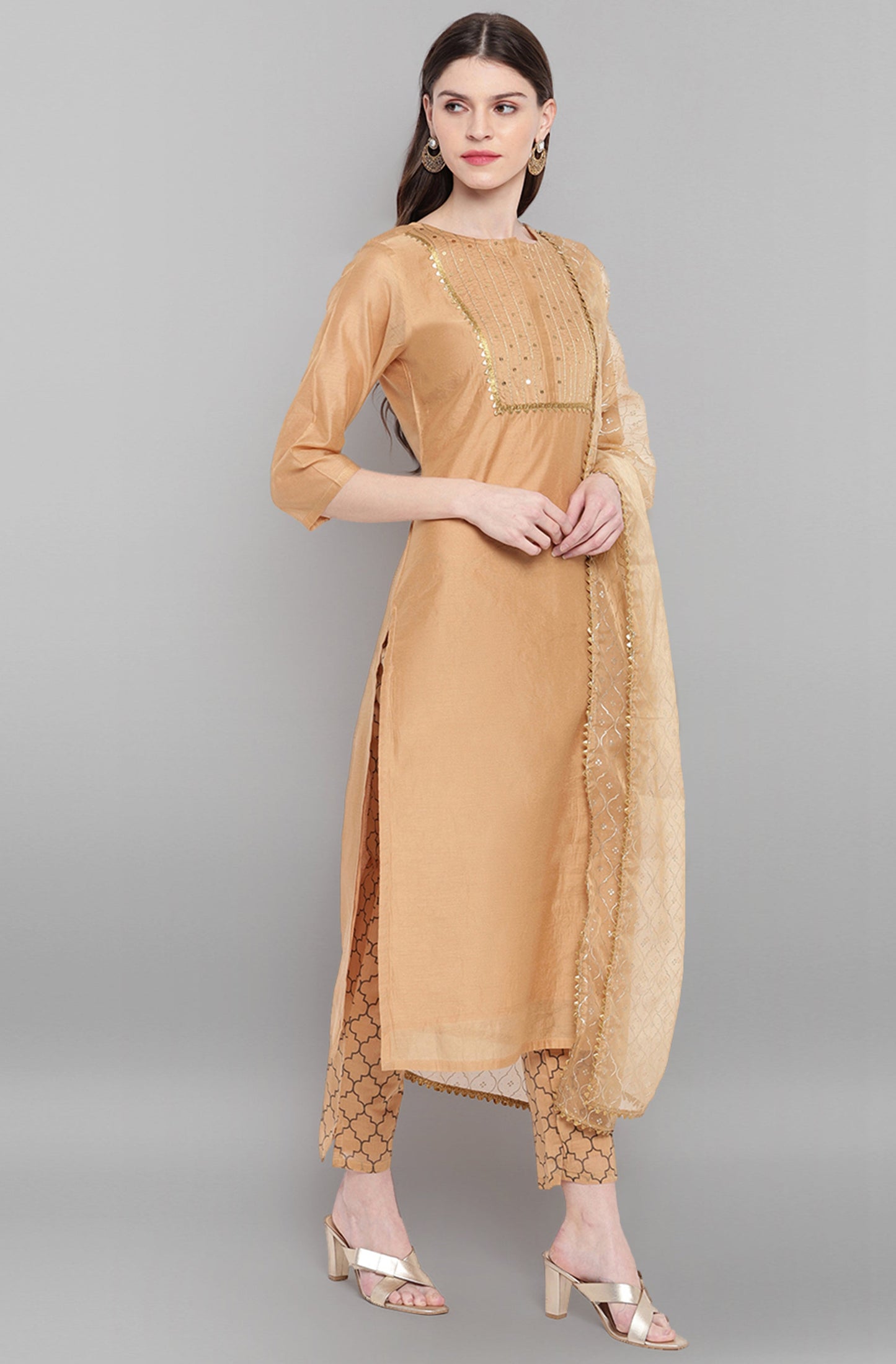 Janasya Women's Gold Poly Chanderi Embellished Kurta With Pant And Dupatta | Swadesiicart