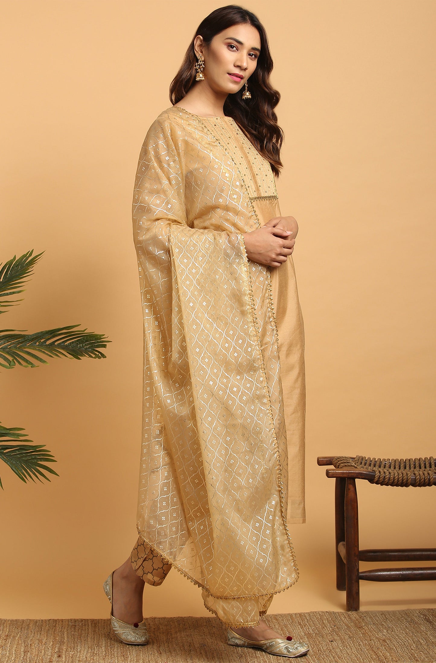 Janasya Women's Gold Poly Chanderi Embellished Kurta With Pant And Dupatta | Swadesiicart