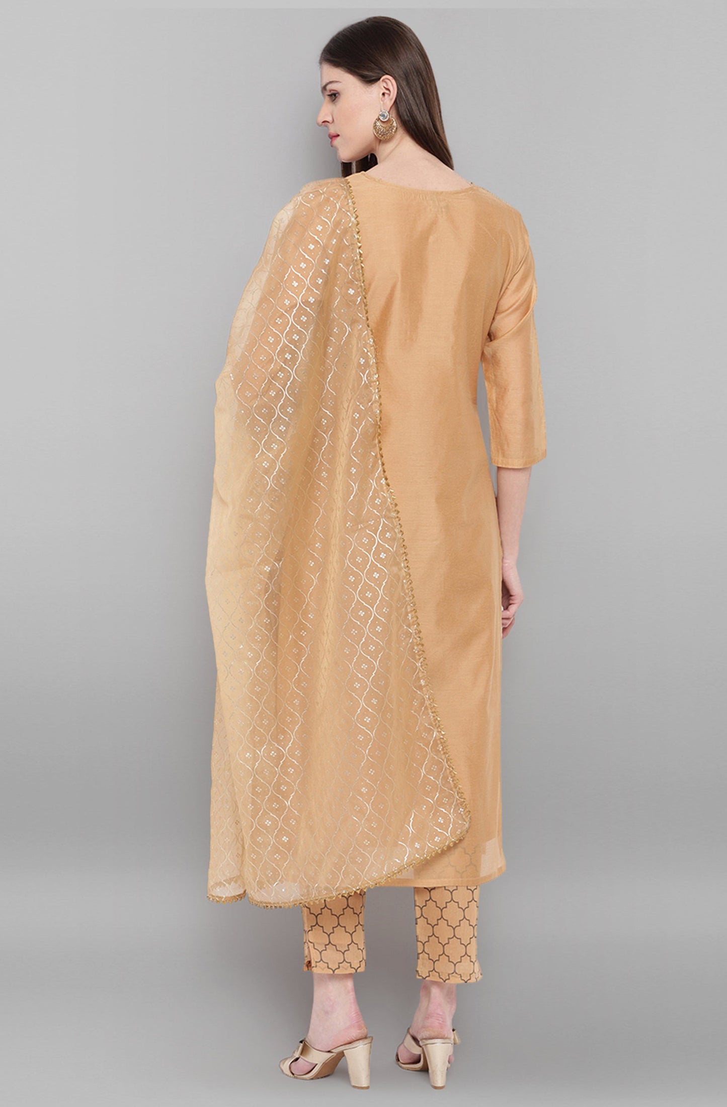Janasya Women's Gold Poly Chanderi Embellished Kurta With Pant And Dupatta | Swadesiicart