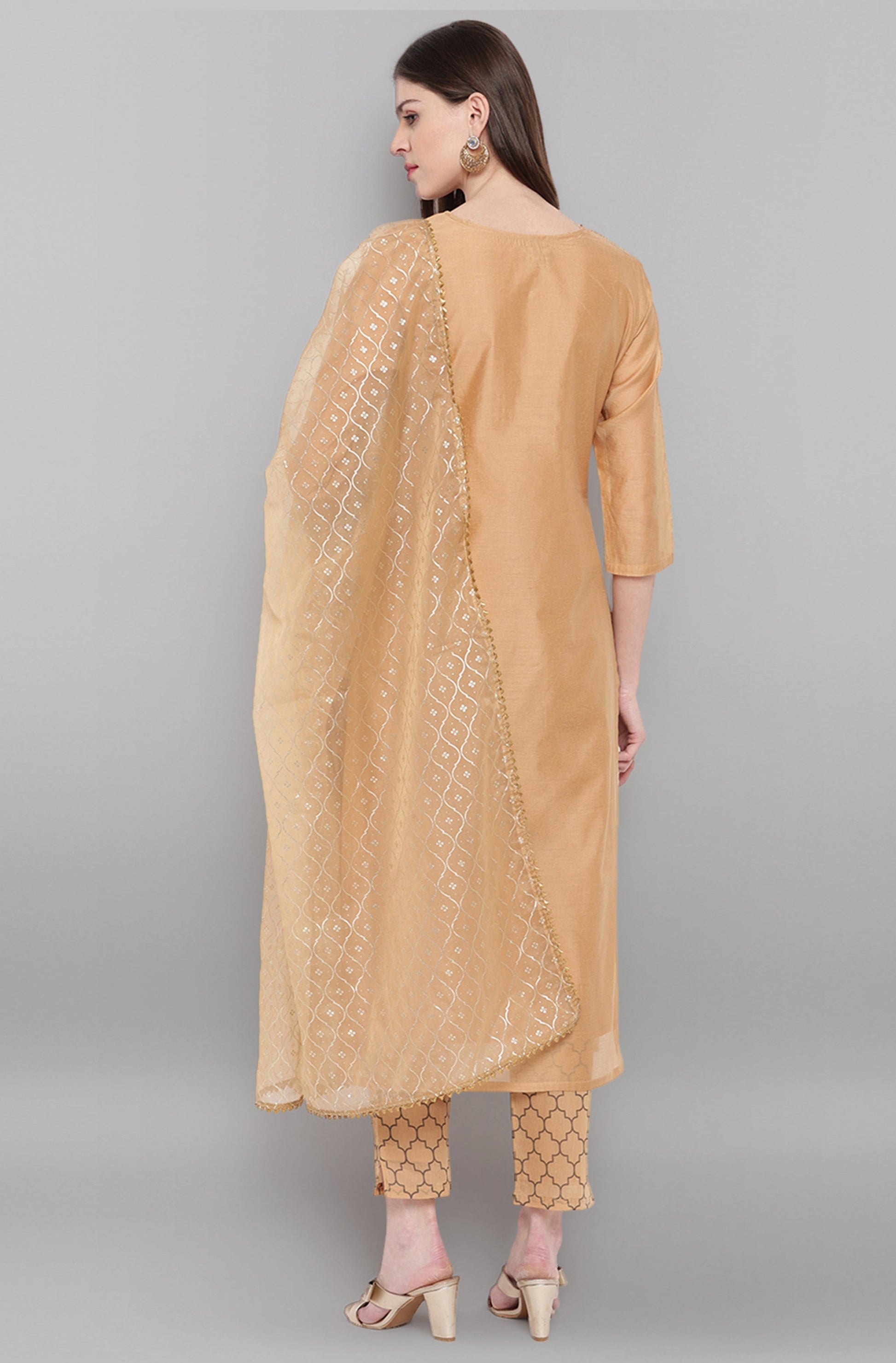 Janasya Women's Gold Poly Chanderi Embellished Kurta With Pant And Dupatta | Swadesiicart