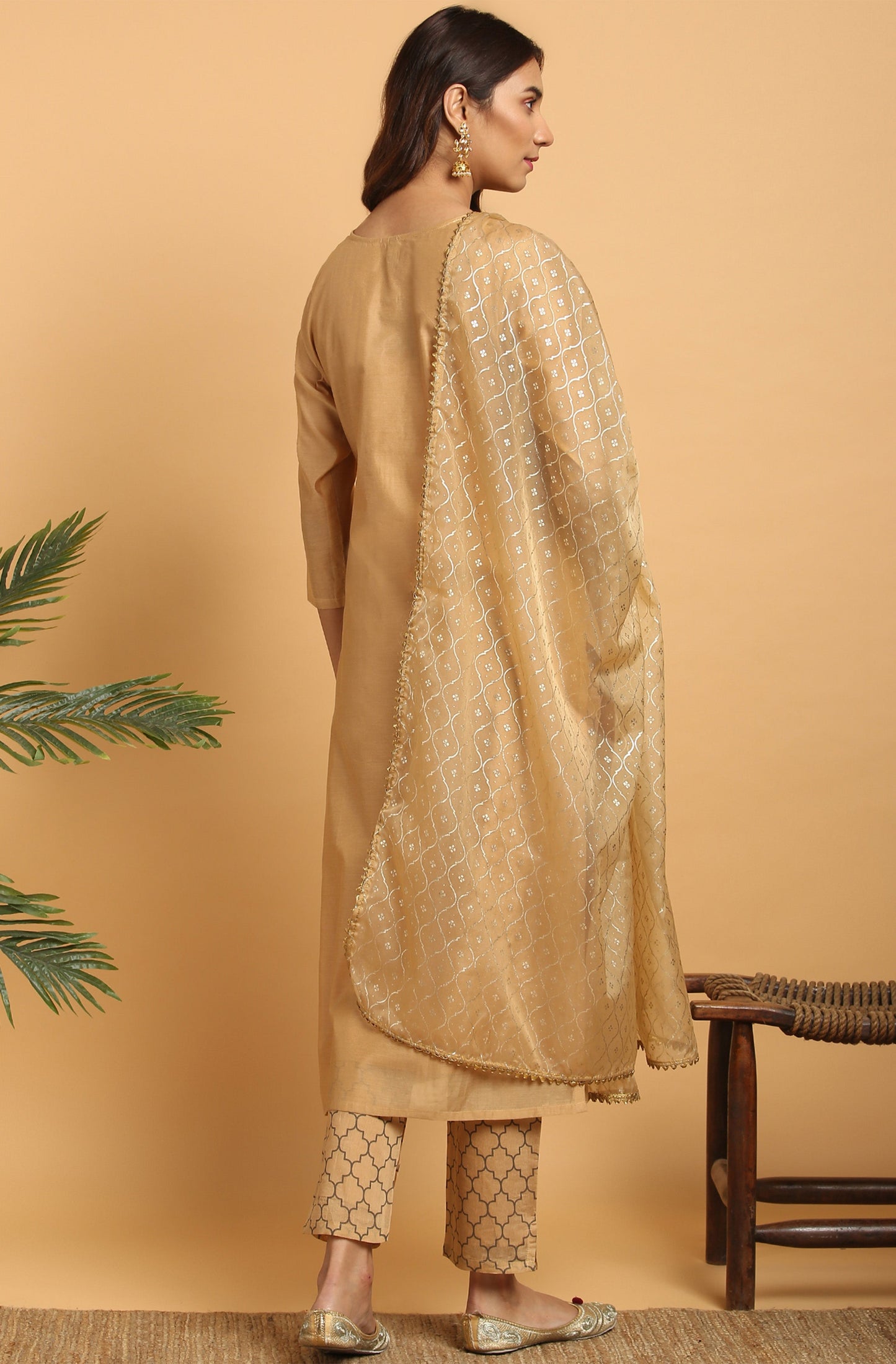 Janasya Women's Gold Poly Chanderi Embellished Kurta With Pant And Dupatta | Swadesiicart