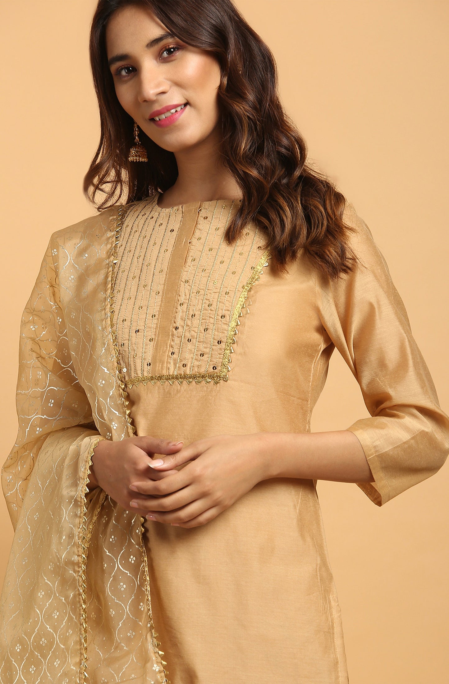 Janasya Women's Gold Poly Chanderi Embellished Kurta With Pant And Dupatta | Swadesiicart