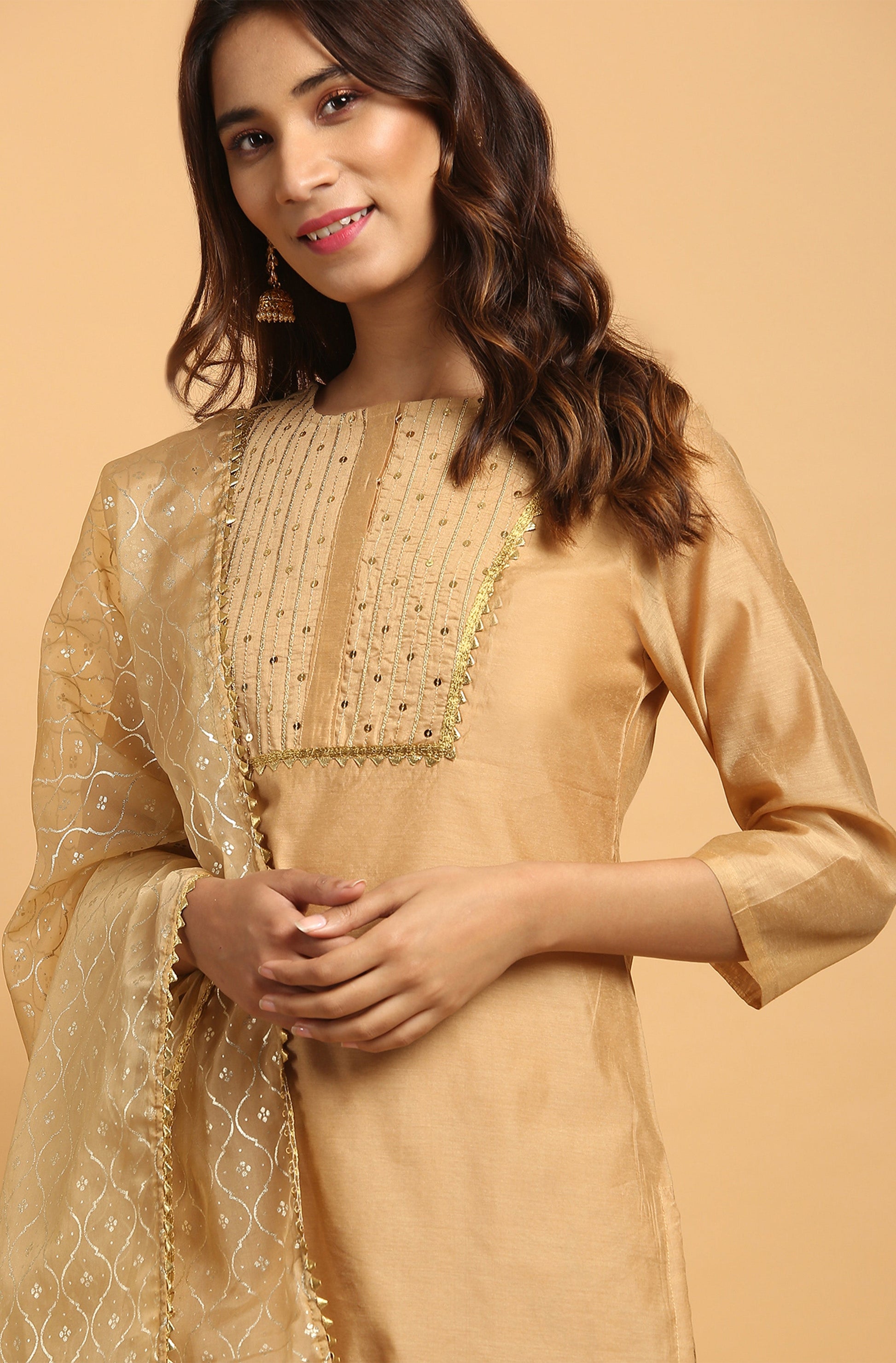 Janasya Women's Gold Poly Chanderi Embellished Kurta With Pant And Dupatta | Swadesiicart