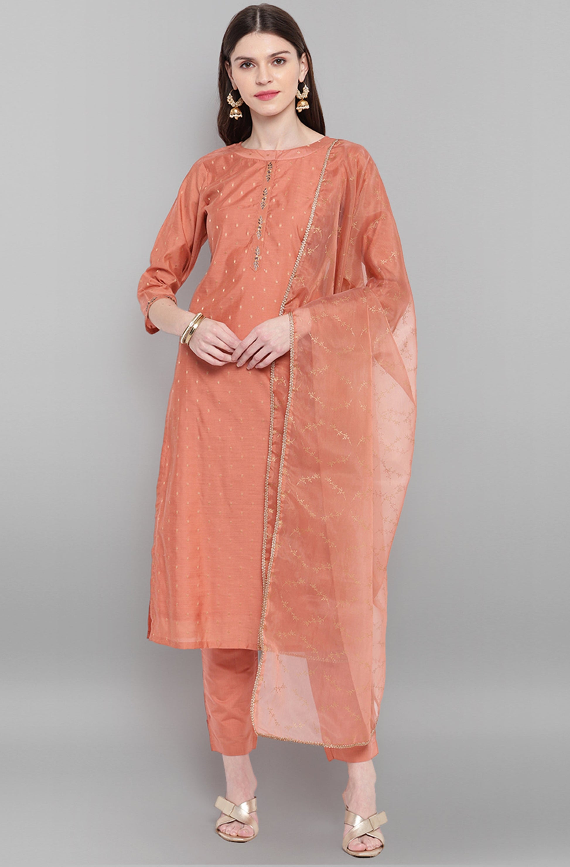 Janasya Women's Rose Gold Poly Muslin Embroidered Kurta With Pant And Dupatta | Swadesiicart