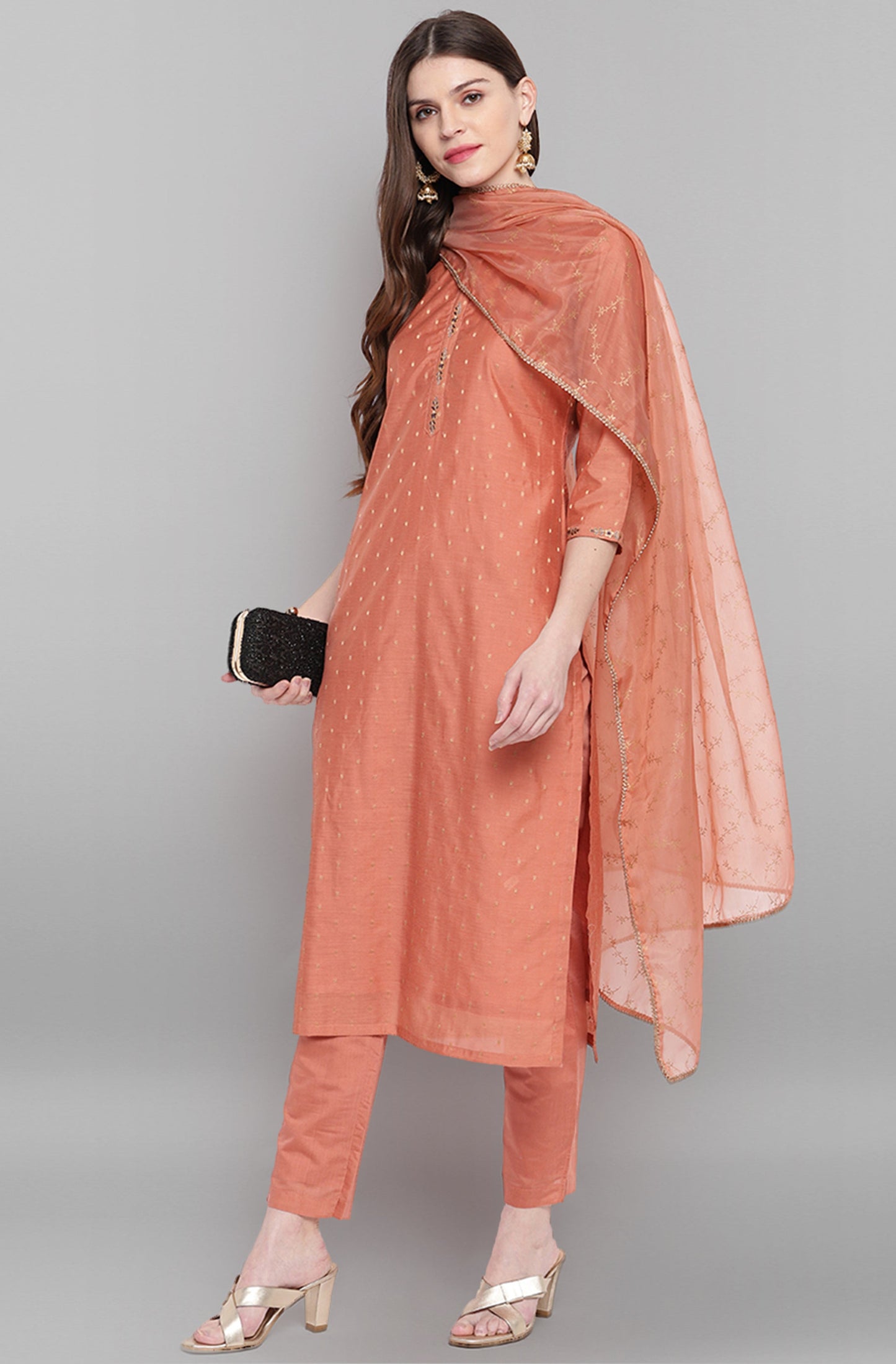 Janasya Women's Rose Gold Poly Muslin Embroidered Kurta With Pant And Dupatta | Swadesiicart