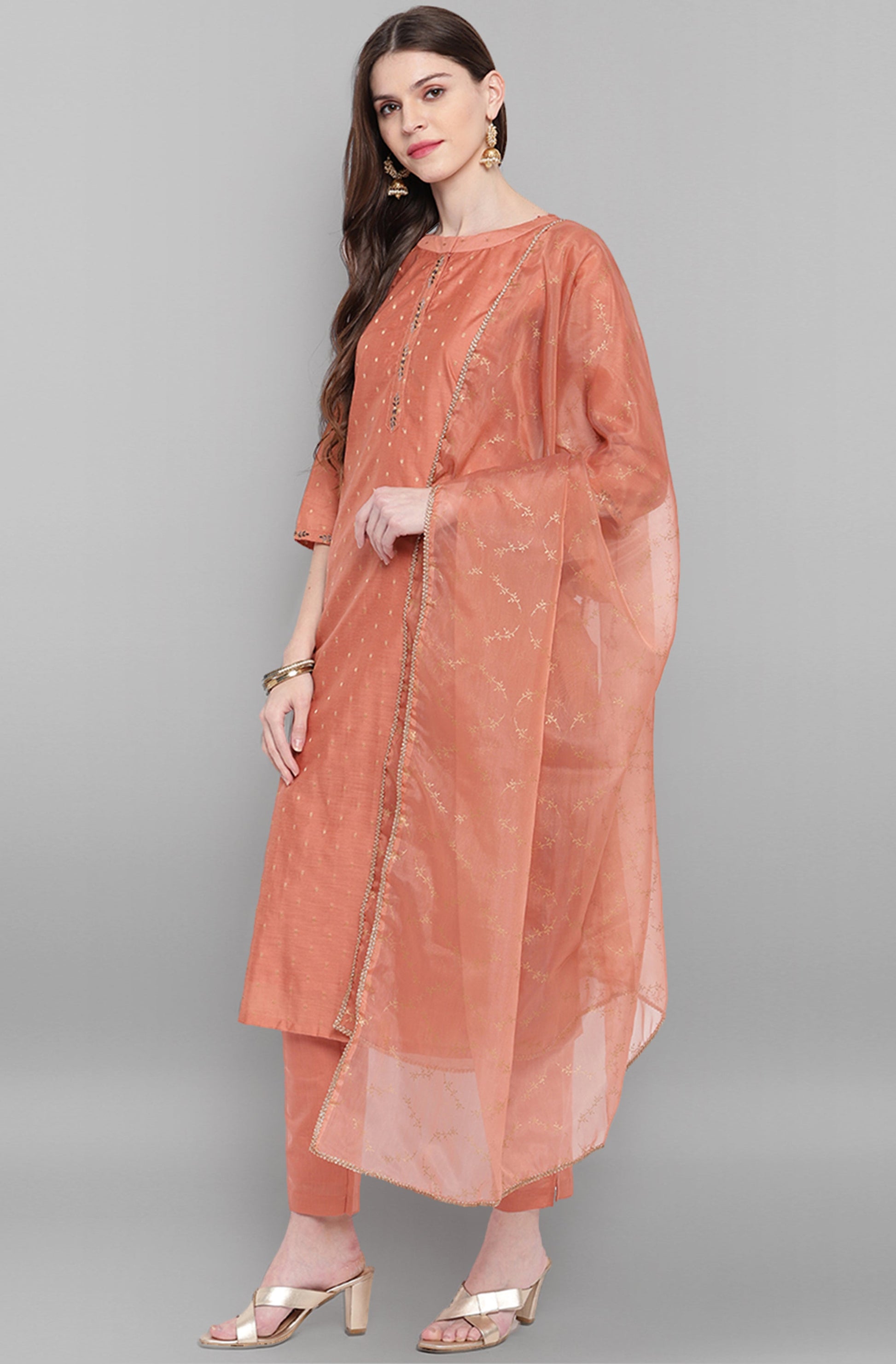 Janasya Women's Rose Gold Poly Muslin Embroidered Kurta With Pant And Dupatta | Swadesiicart
