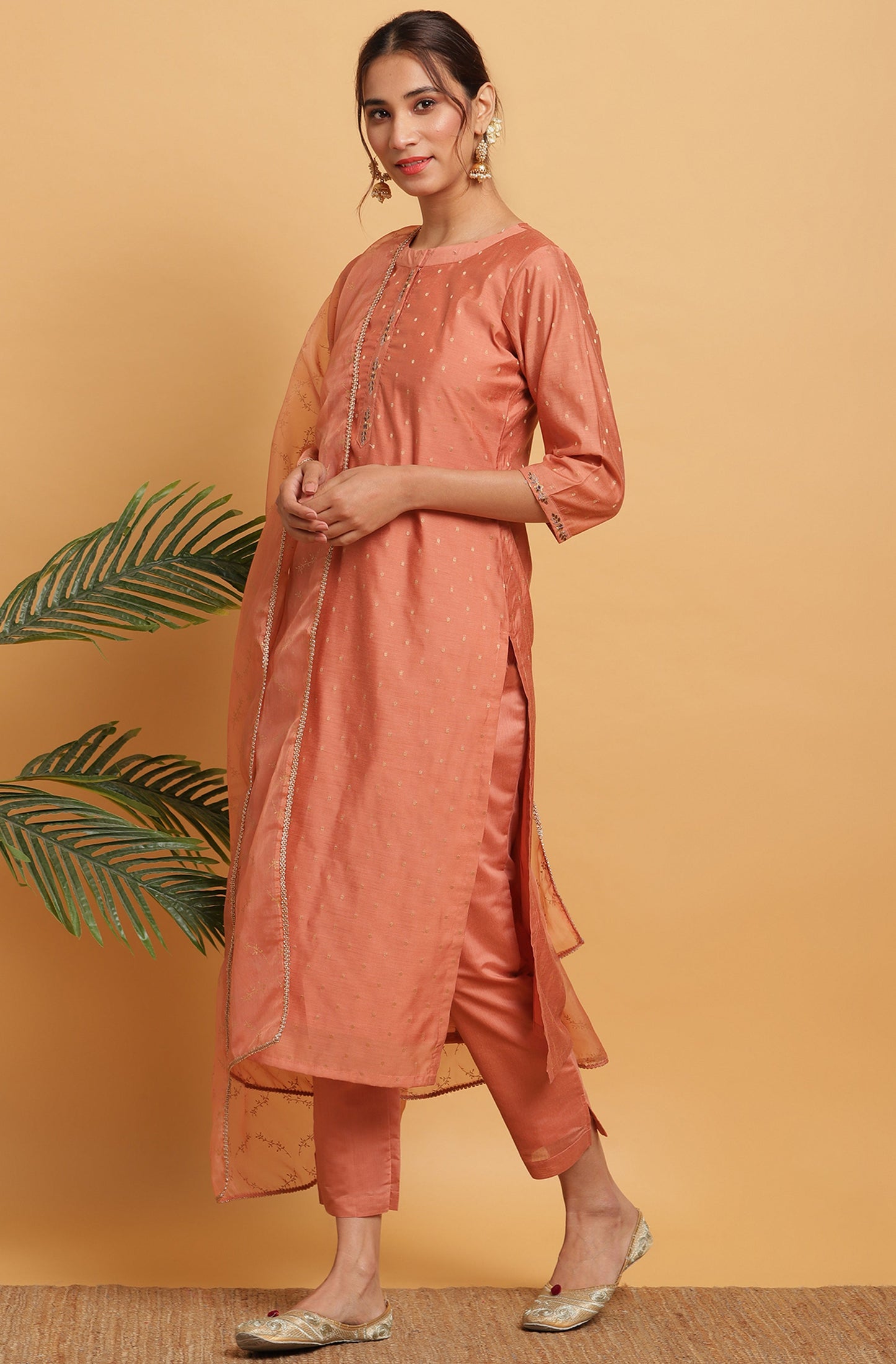 Janasya Women's Rose Gold Poly Muslin Embroidered Kurta With Pant And Dupatta | Swadesiicart