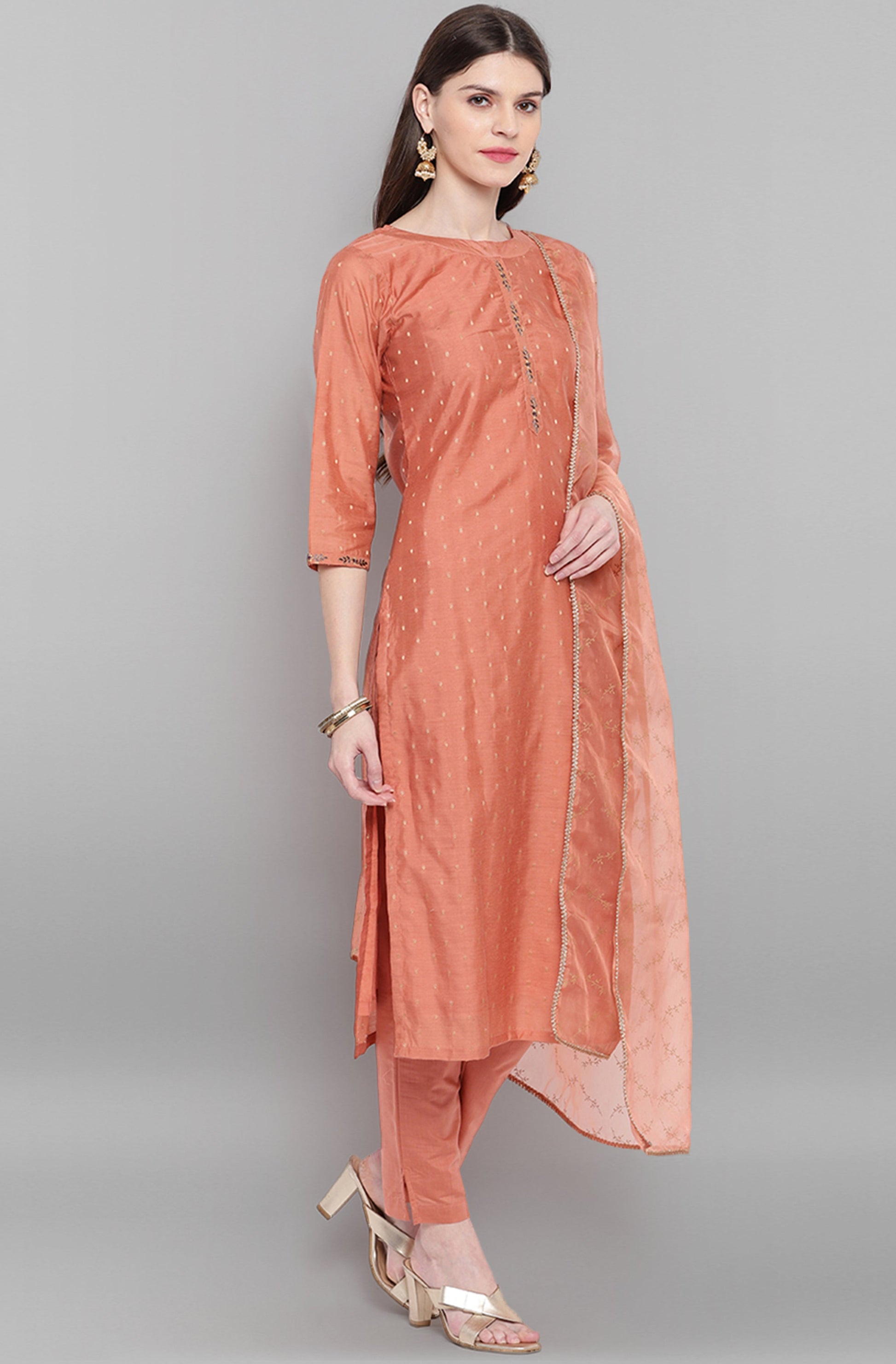 Janasya Women's Rose Gold Poly Muslin Embroidered Kurta With Pant And Dupatta | Swadesiicart