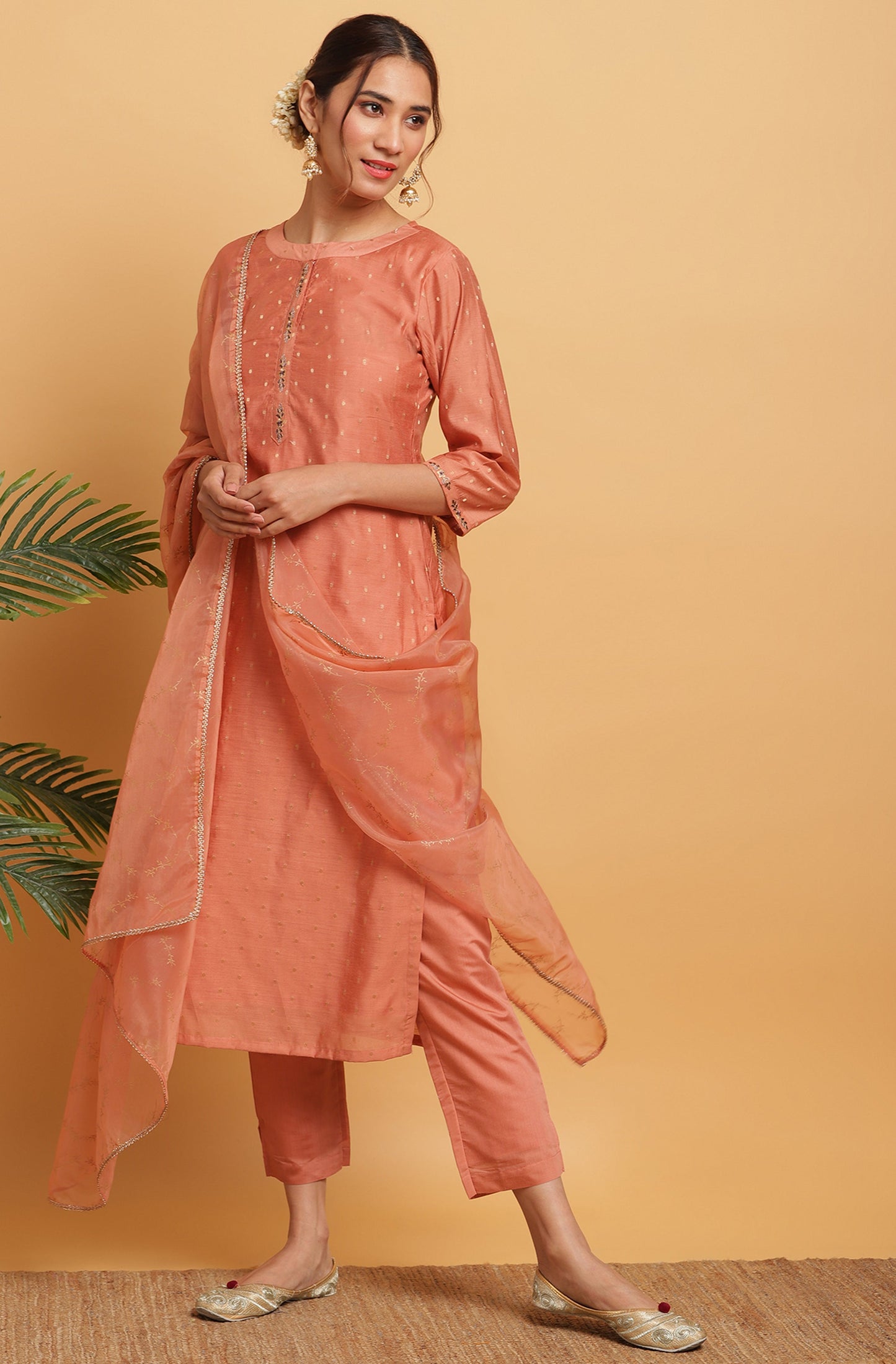 Janasya Women's Rose Gold Poly Muslin Embroidered Kurta With Pant And Dupatta | Swadesiicart