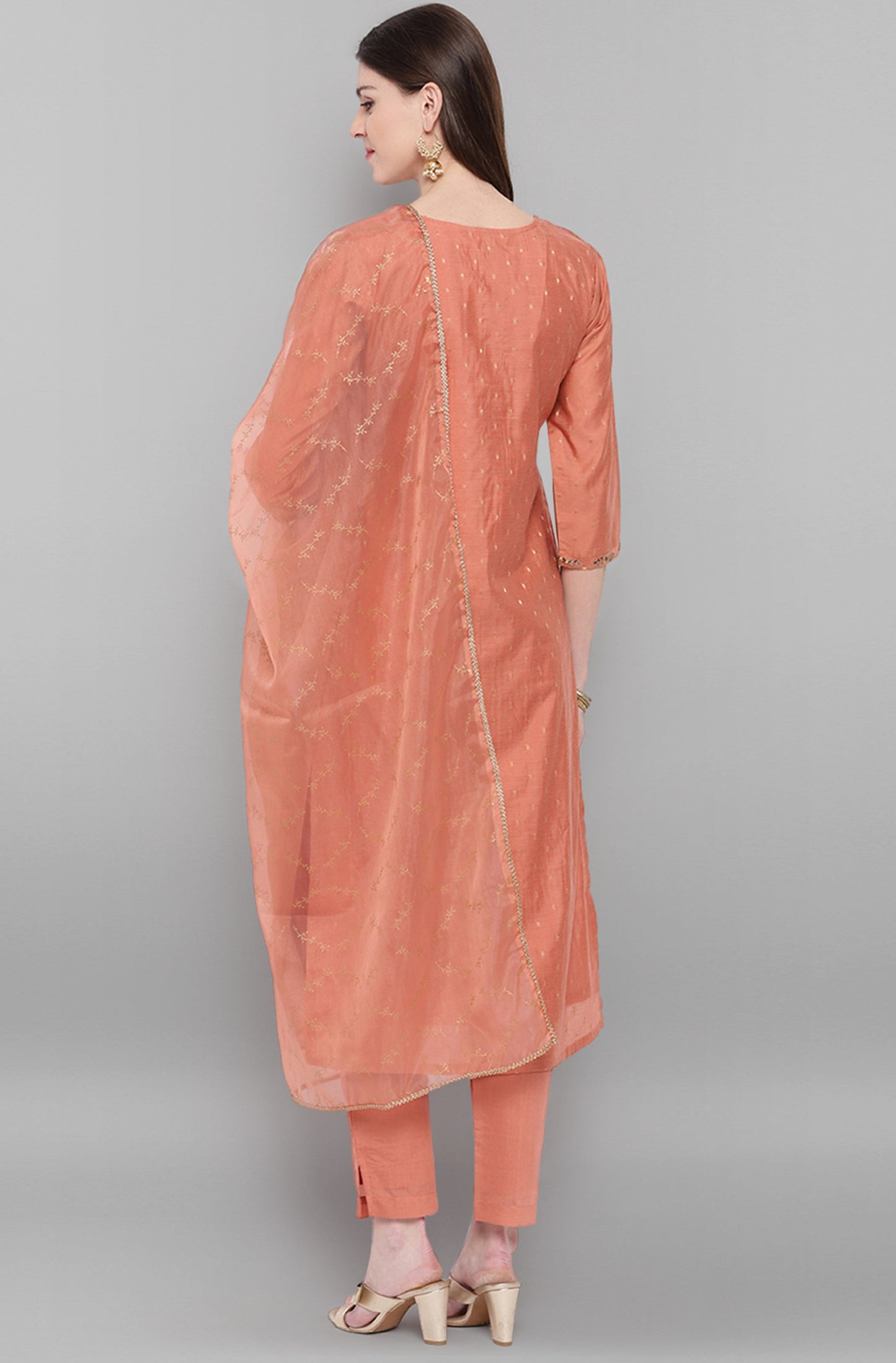 Janasya Women's Rose Gold Poly Muslin Embroidered Kurta With Pant And Dupatta | Swadesiicart