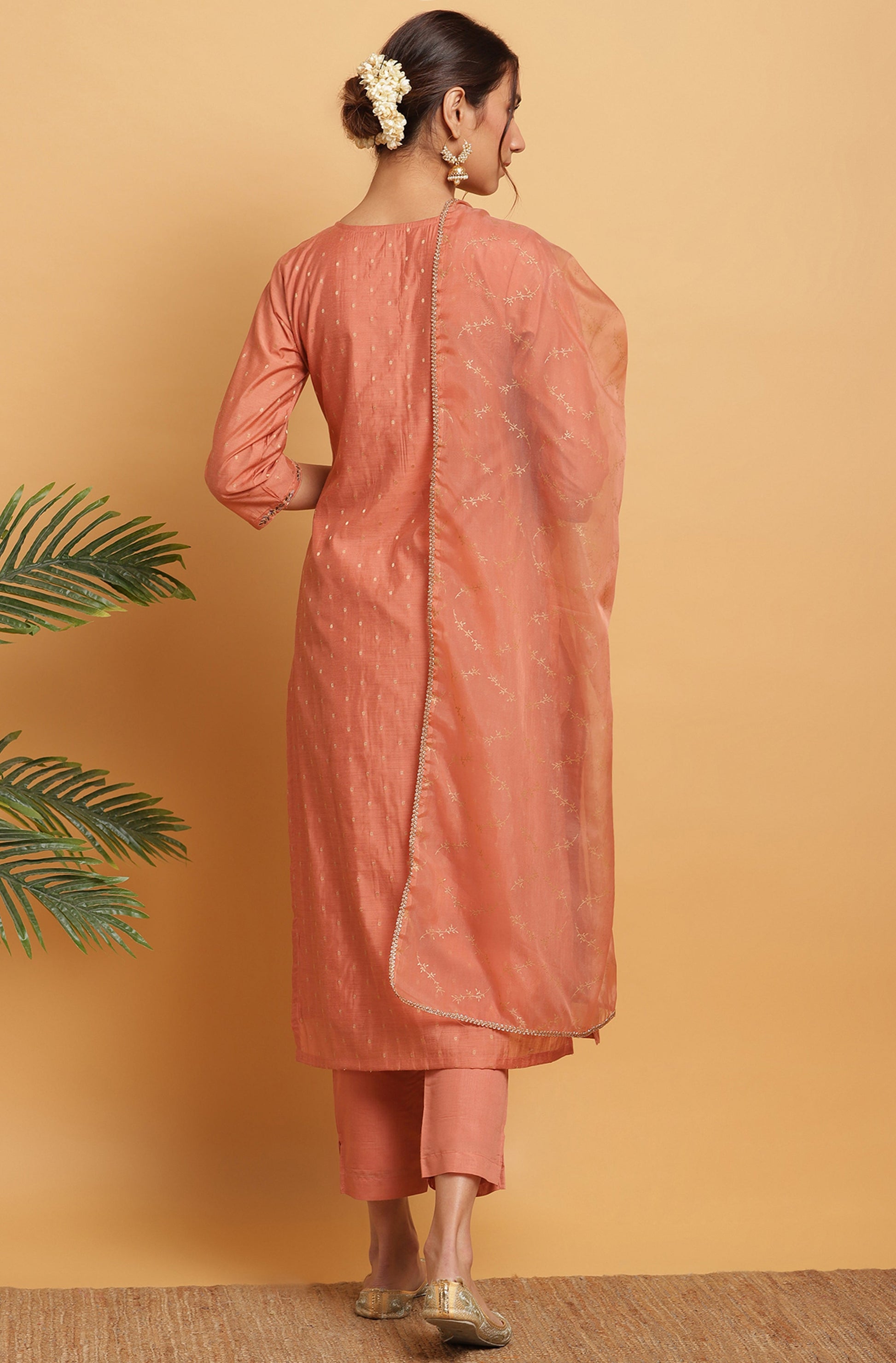 Janasya Women's Rose Gold Poly Muslin Embroidered Kurta With Pant And Dupatta | Swadesiicart