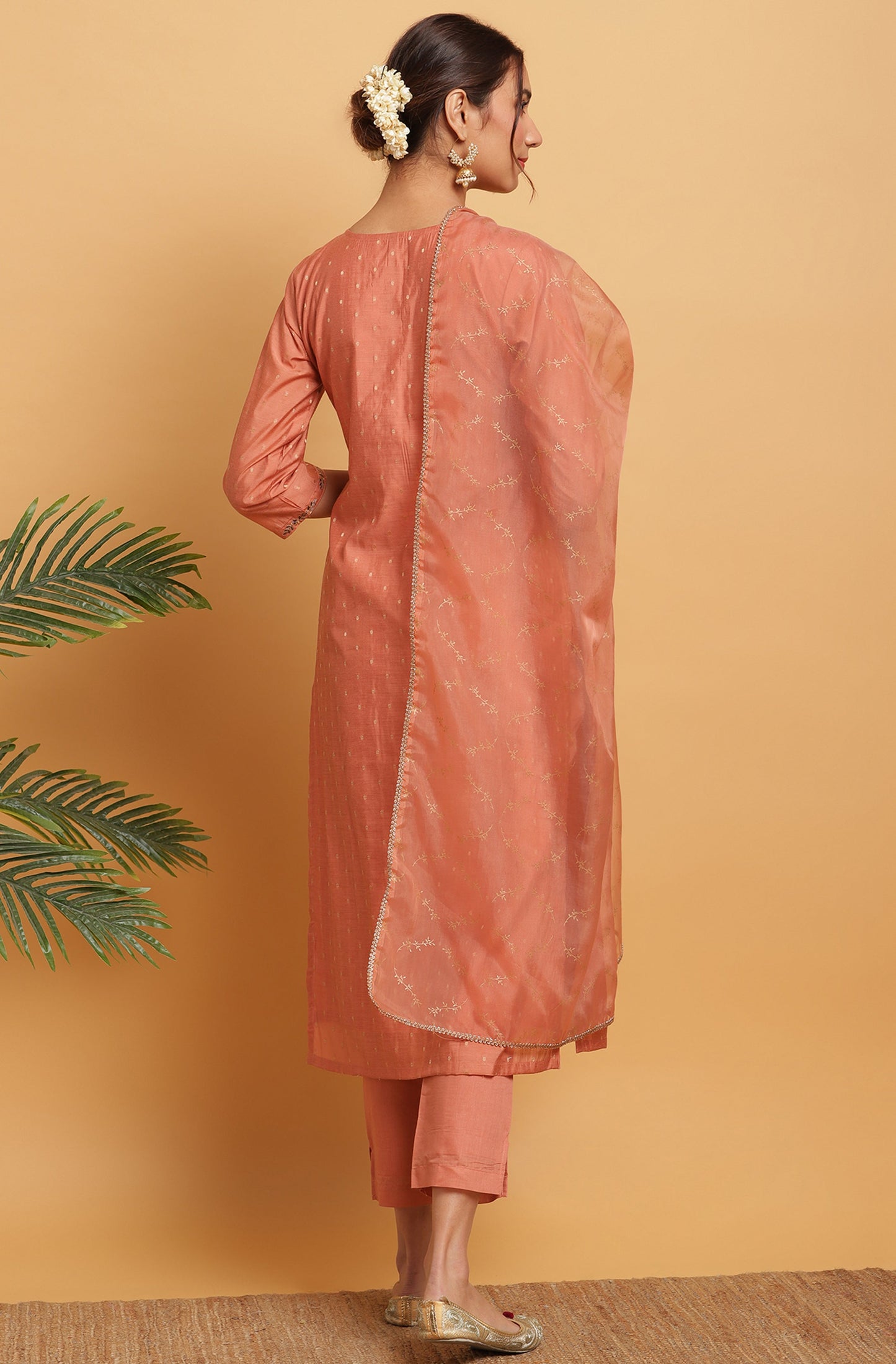 Janasya Women's Rose Gold Poly Muslin Embroidered Kurta With Pant And Dupatta | Swadesiicart