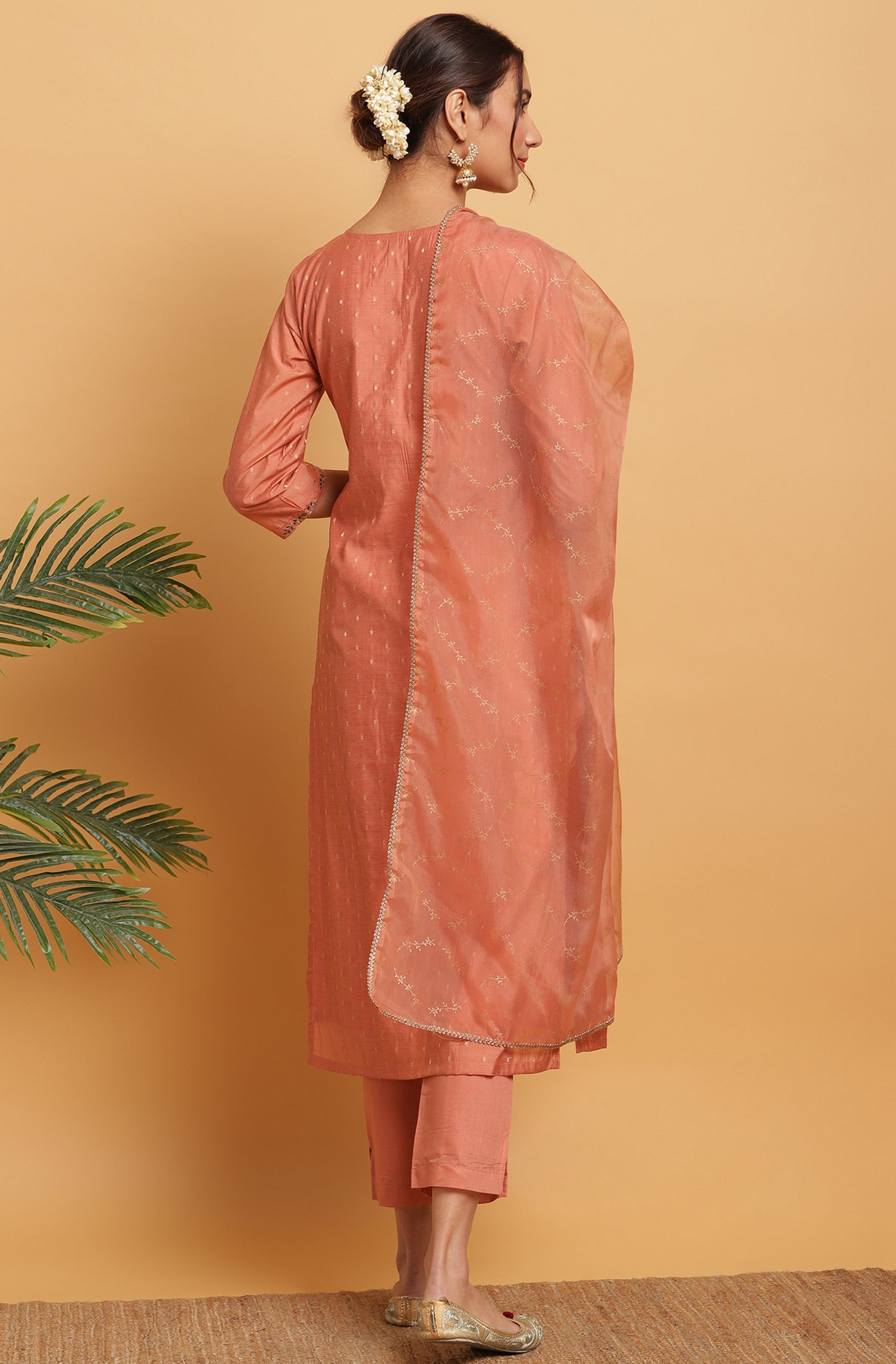 Janasya Women's Rose Gold Poly Muslin Embroidered Kurta With Pant And Dupatta | Swadesiicart