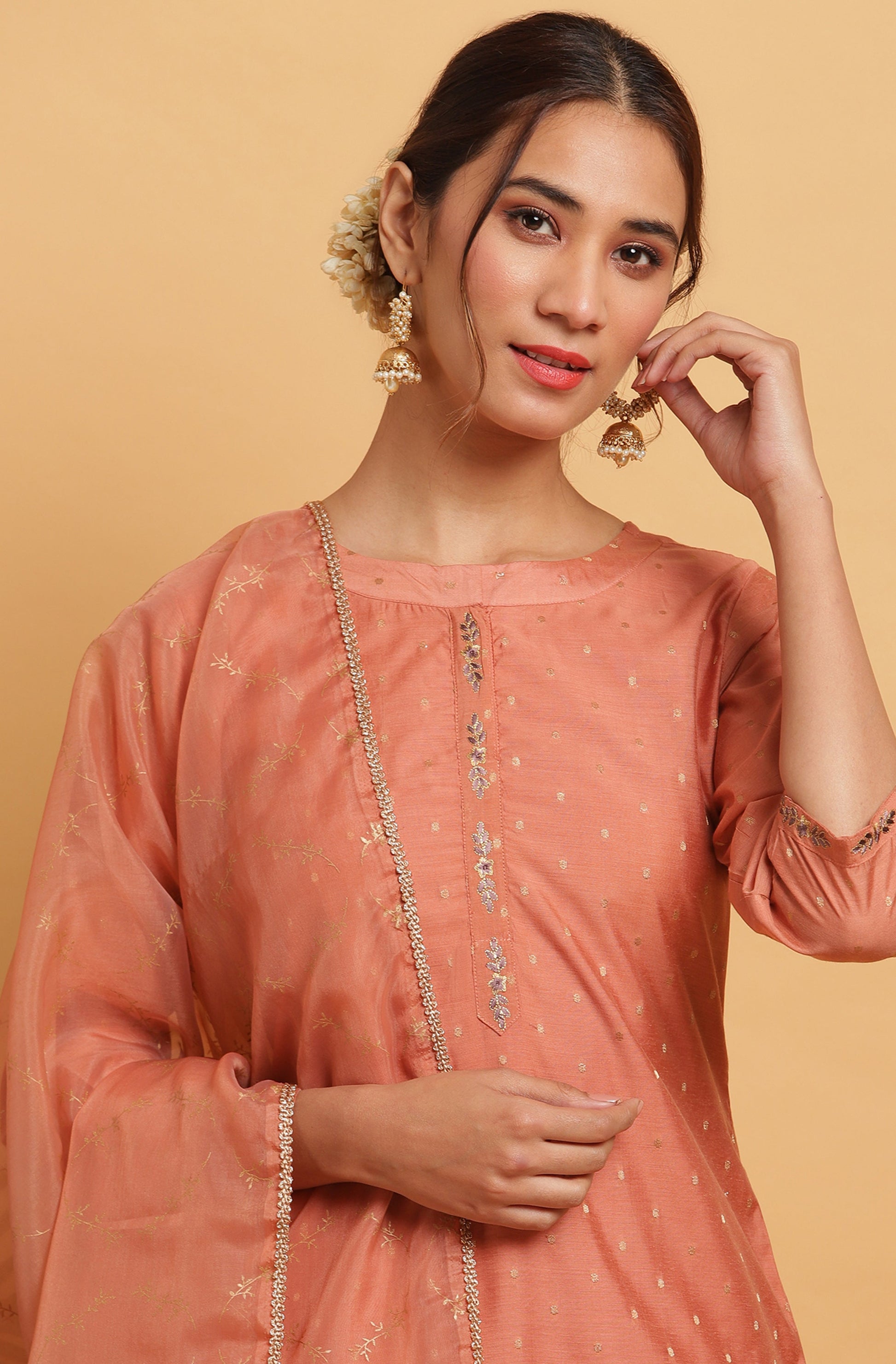 Janasya Women's Rose Gold Poly Muslin Embroidered Kurta With Pant And Dupatta | Swadesiicart