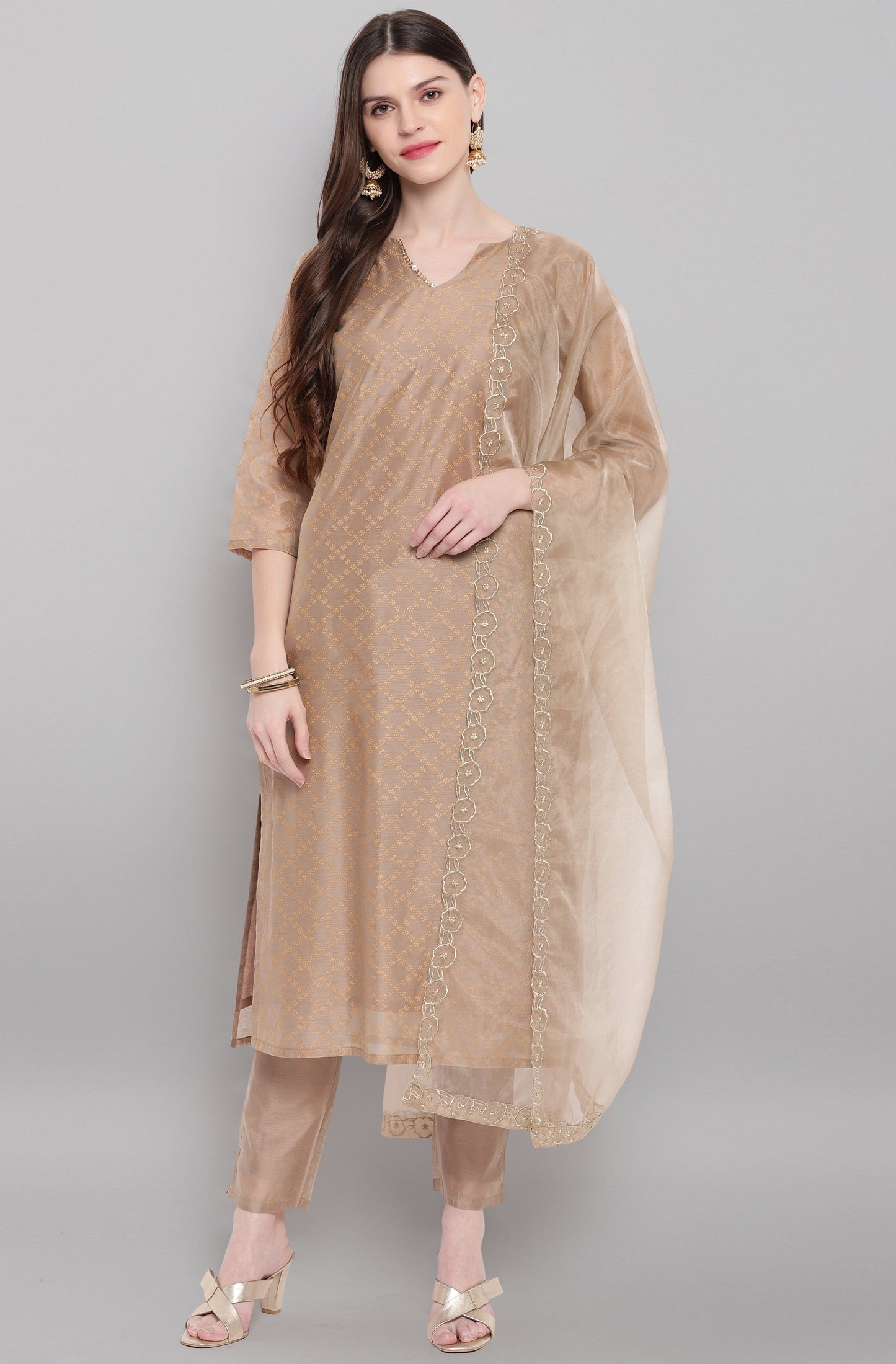 Janasya Women's Light Brown Poly Chanderi Floral Print Kurta With Pant And Dupatta | Swadesiicart
