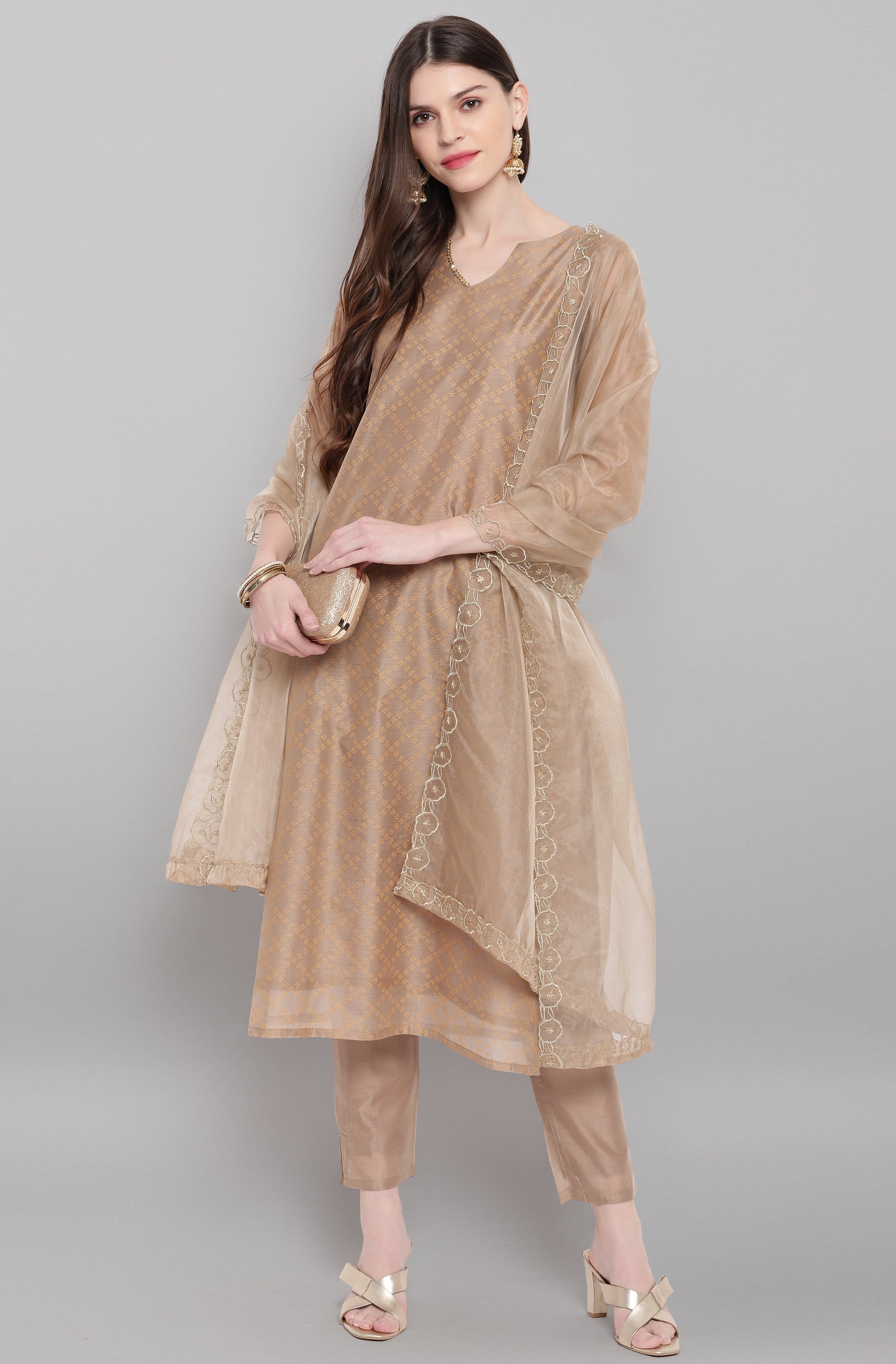 Janasya Women's Light Brown Poly Chanderi Floral Print Kurta With Pant And Dupatta | Swadesiicart