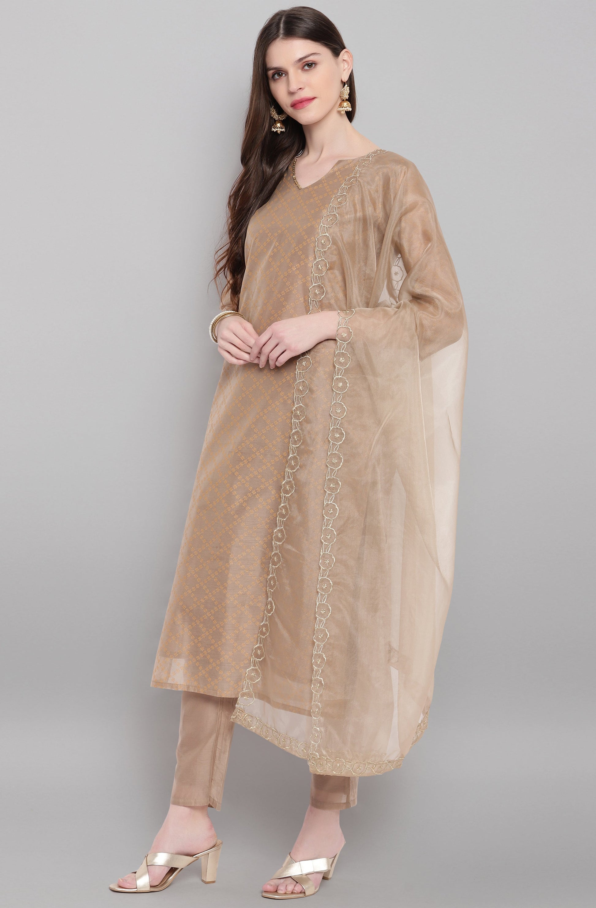 Janasya Women's Light Brown Poly Chanderi Floral Print Kurta With Pant And Dupatta | Swadesiicart