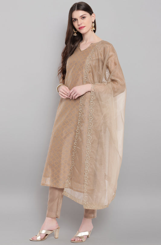 Janasya Women's Light Brown Poly Chanderi Floral Print Kurta With Pant And Dupatta | Swadesiicart