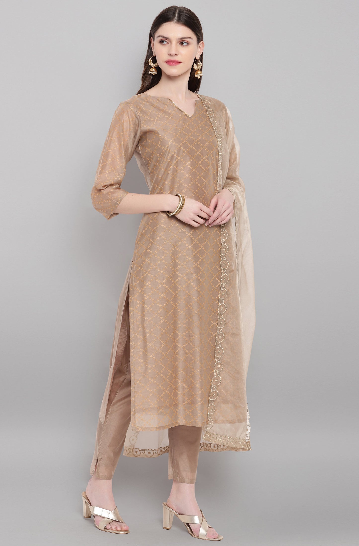 Janasya Women's Light Brown Poly Chanderi Floral Print Kurta With Pant And Dupatta | Swadesiicart