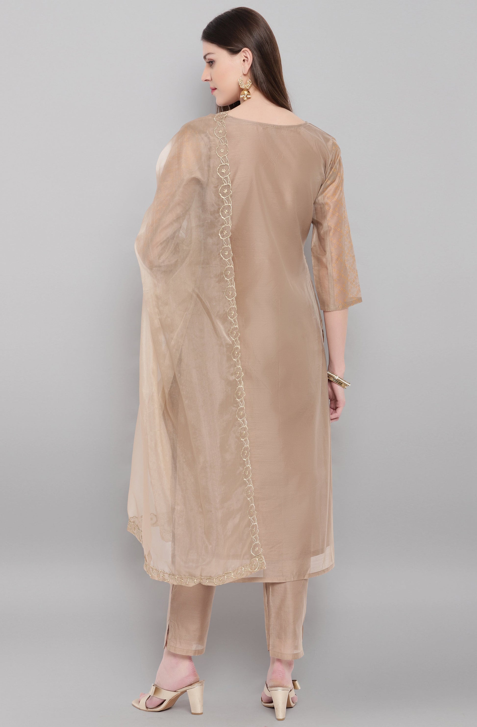 Janasya Women's Light Brown Poly Chanderi Floral Print Kurta With Pant And Dupatta | Swadesiicart