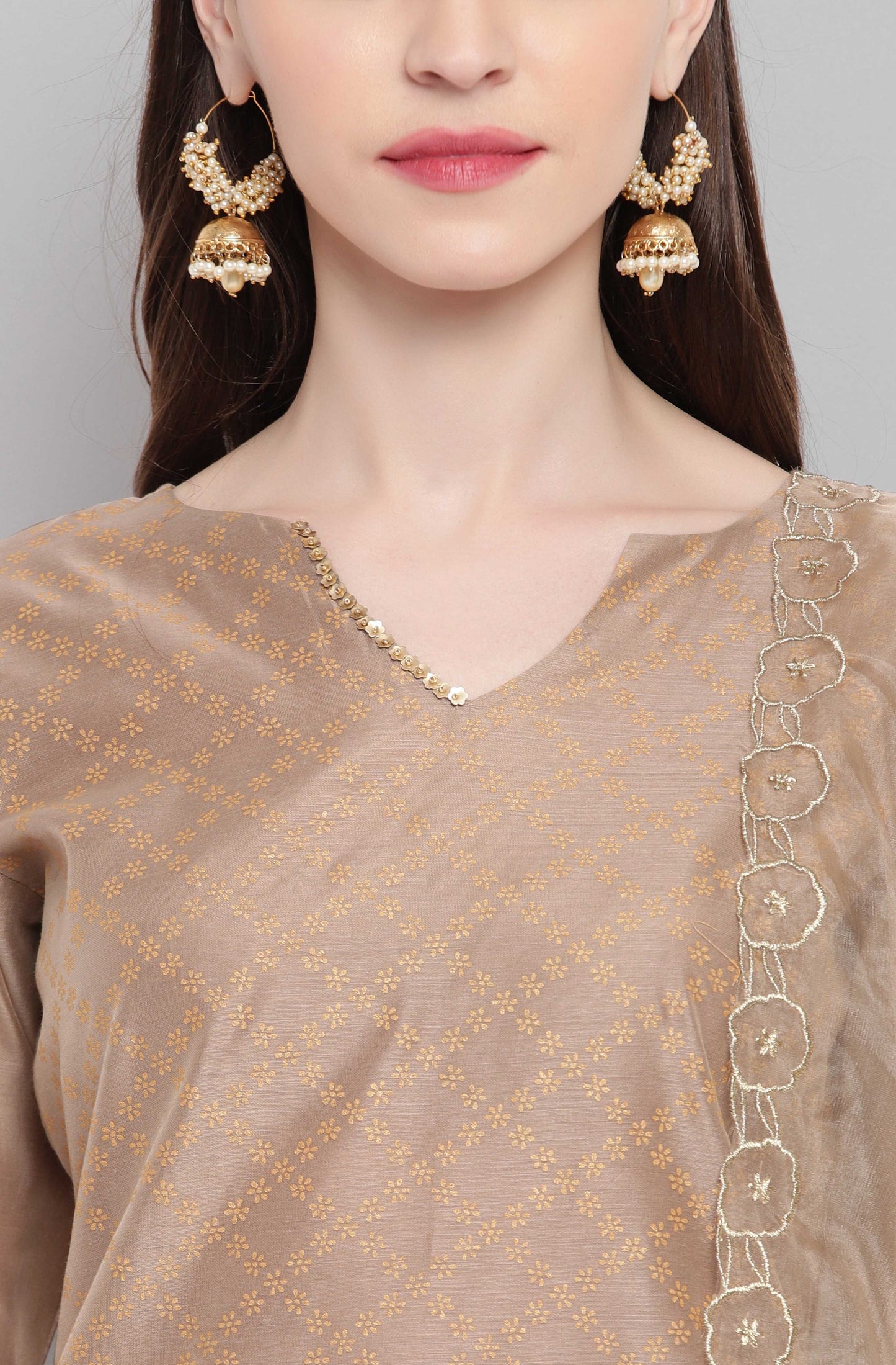Janasya Women's Light Brown Poly Chanderi Floral Print Kurta With Pant And Dupatta | Swadesiicart