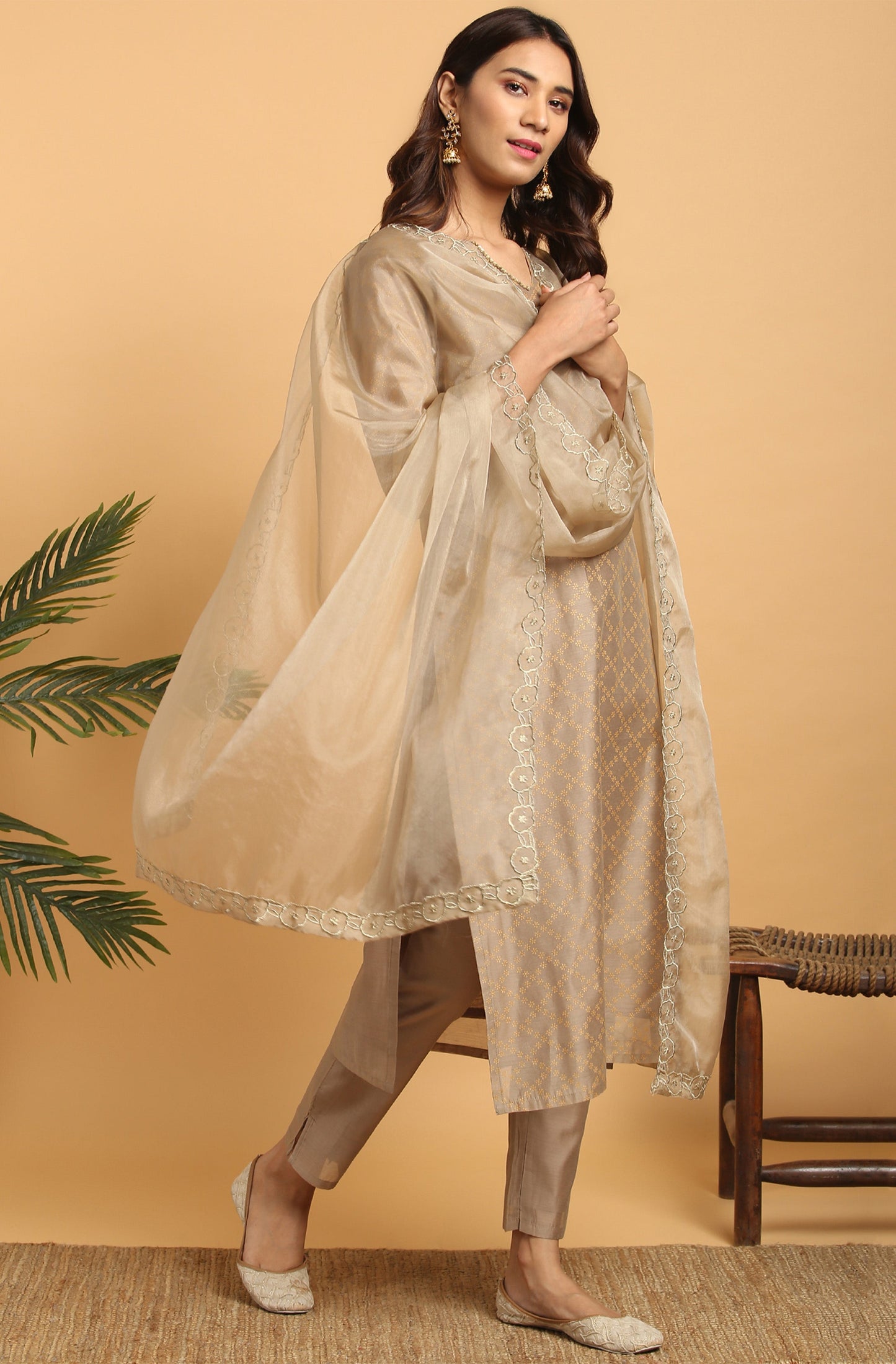 Janasya Women's Light Brown Poly Chanderi Floral Print Kurta With Pant And Dupatta | Swadesiicart