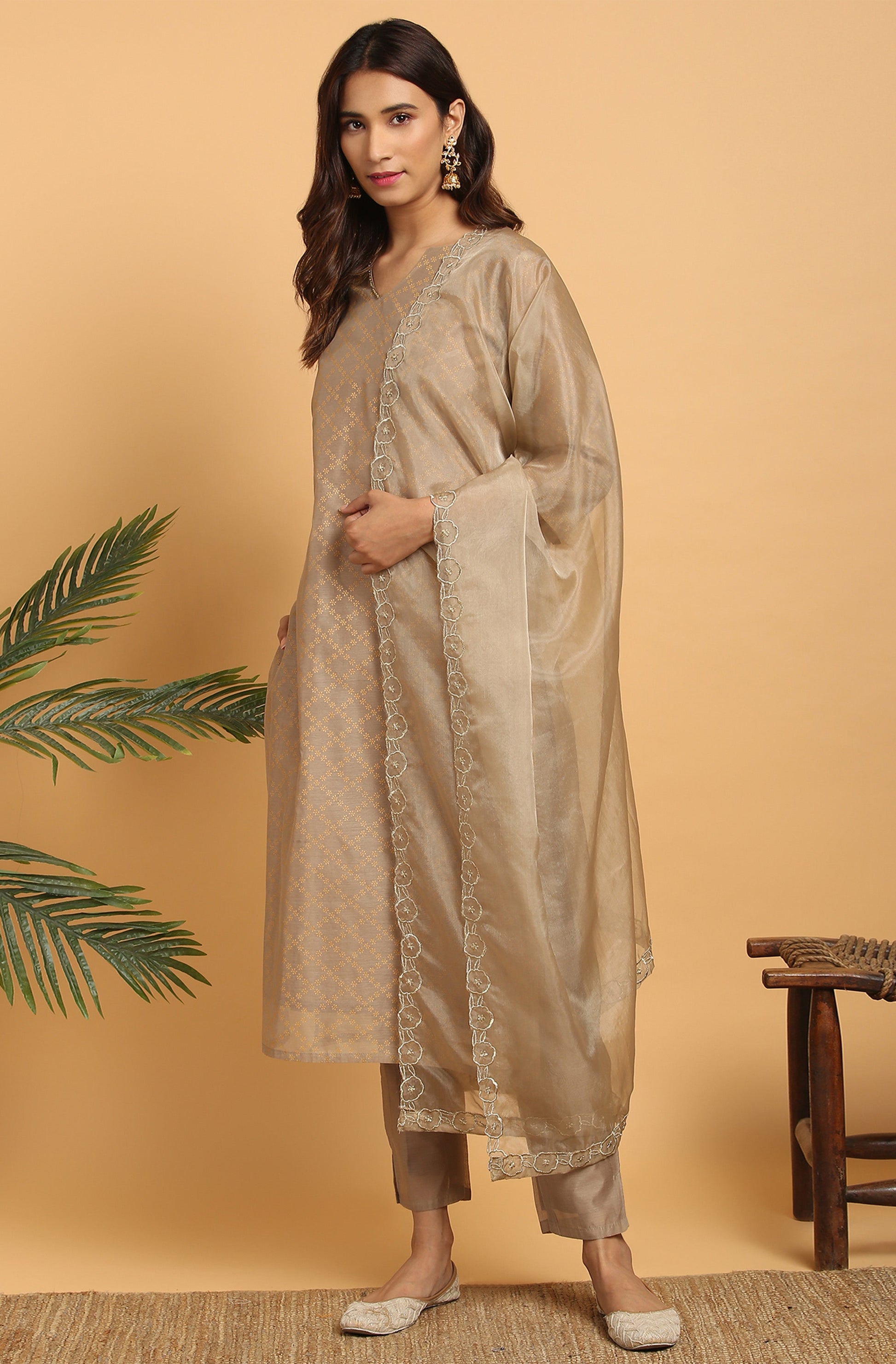 Janasya Women's Light Brown Poly Chanderi Floral Print Kurta With Pant And Dupatta | Swadesiicart