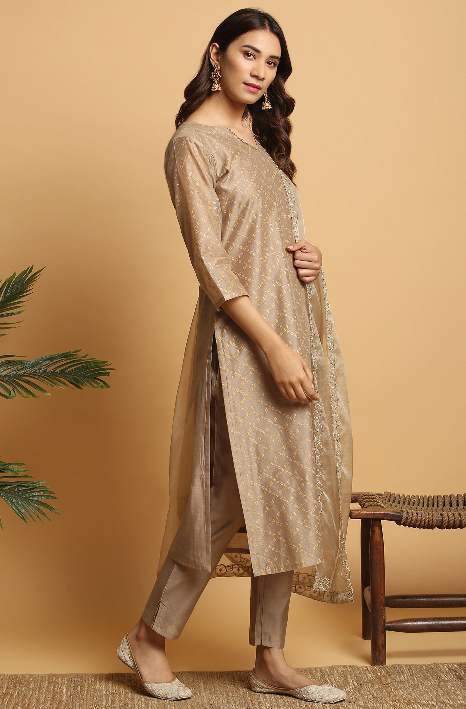 Janasya Women's Light Brown Poly Chanderi Floral Print Kurta With Pant And Dupatta | Swadesiicart