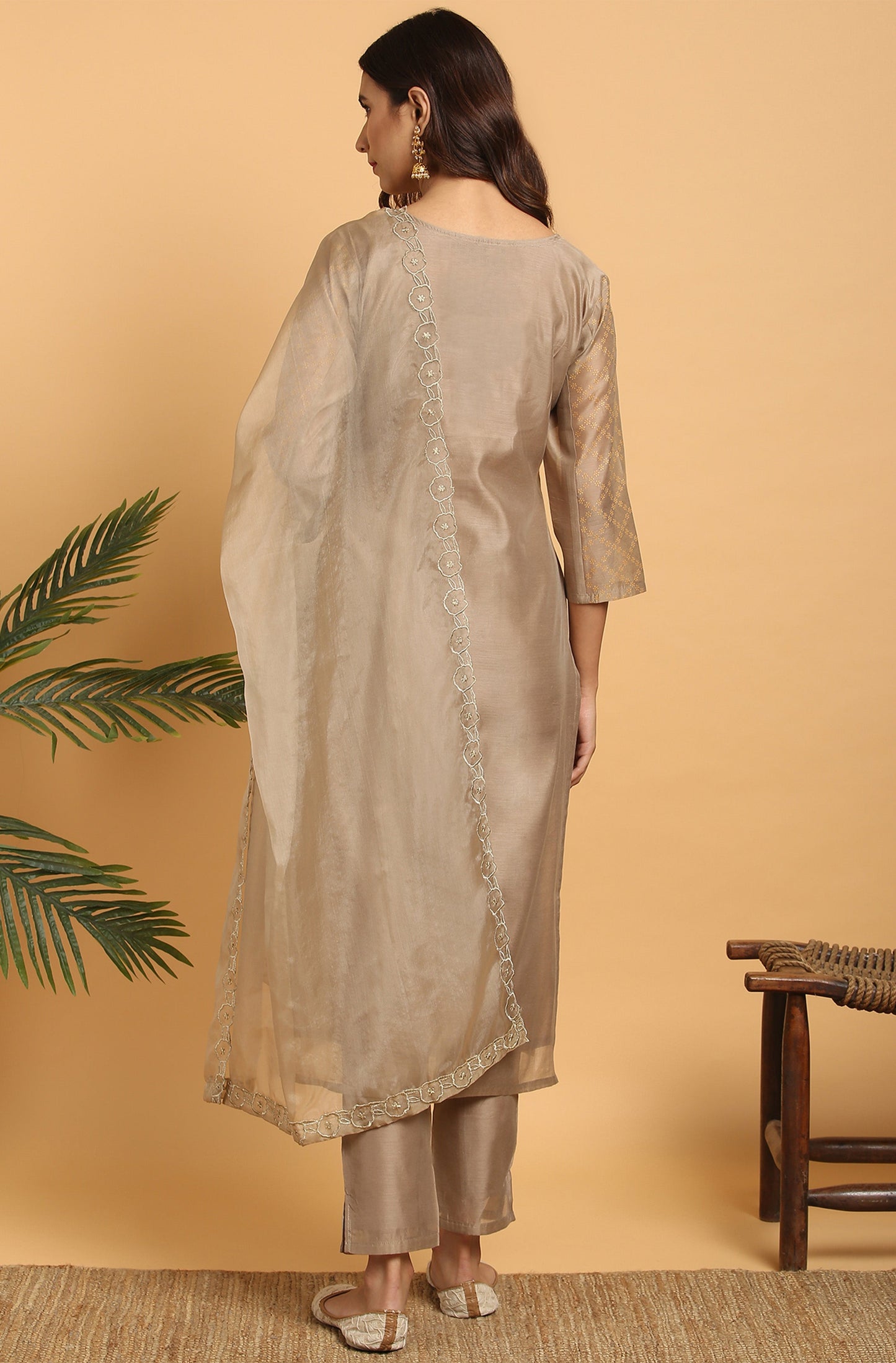 Janasya Women's Light Brown Poly Chanderi Floral Print Kurta With Pant And Dupatta | Swadesiicart