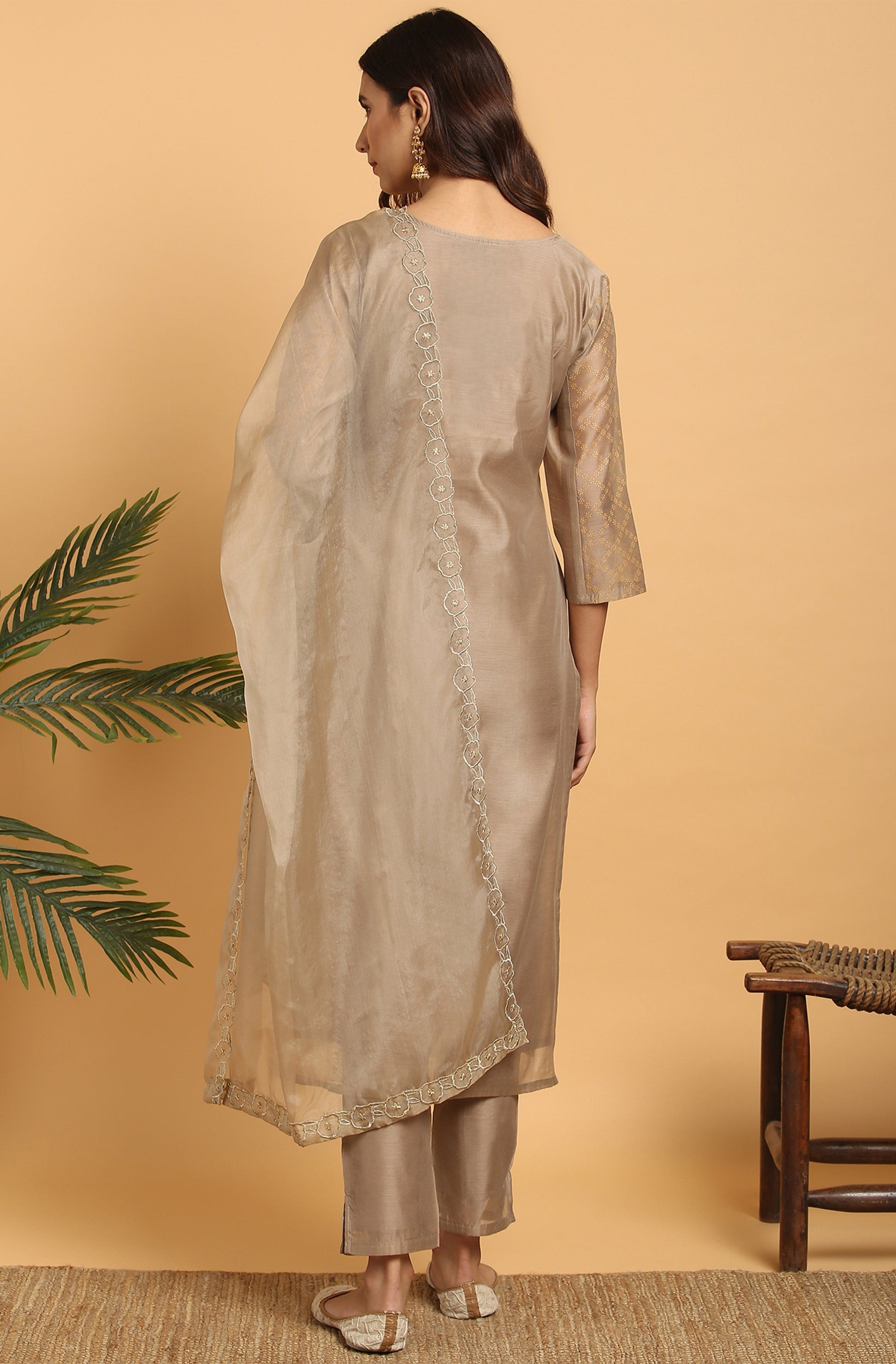 Janasya Women's Light Brown Poly Chanderi Floral Print Kurta With Pant And Dupatta | Swadesiicart