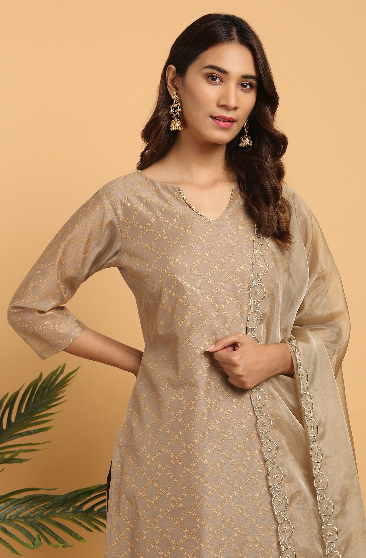 Janasya Women's Light Brown Poly Chanderi Floral Print Kurta With Pant And Dupatta | Swadesiicart