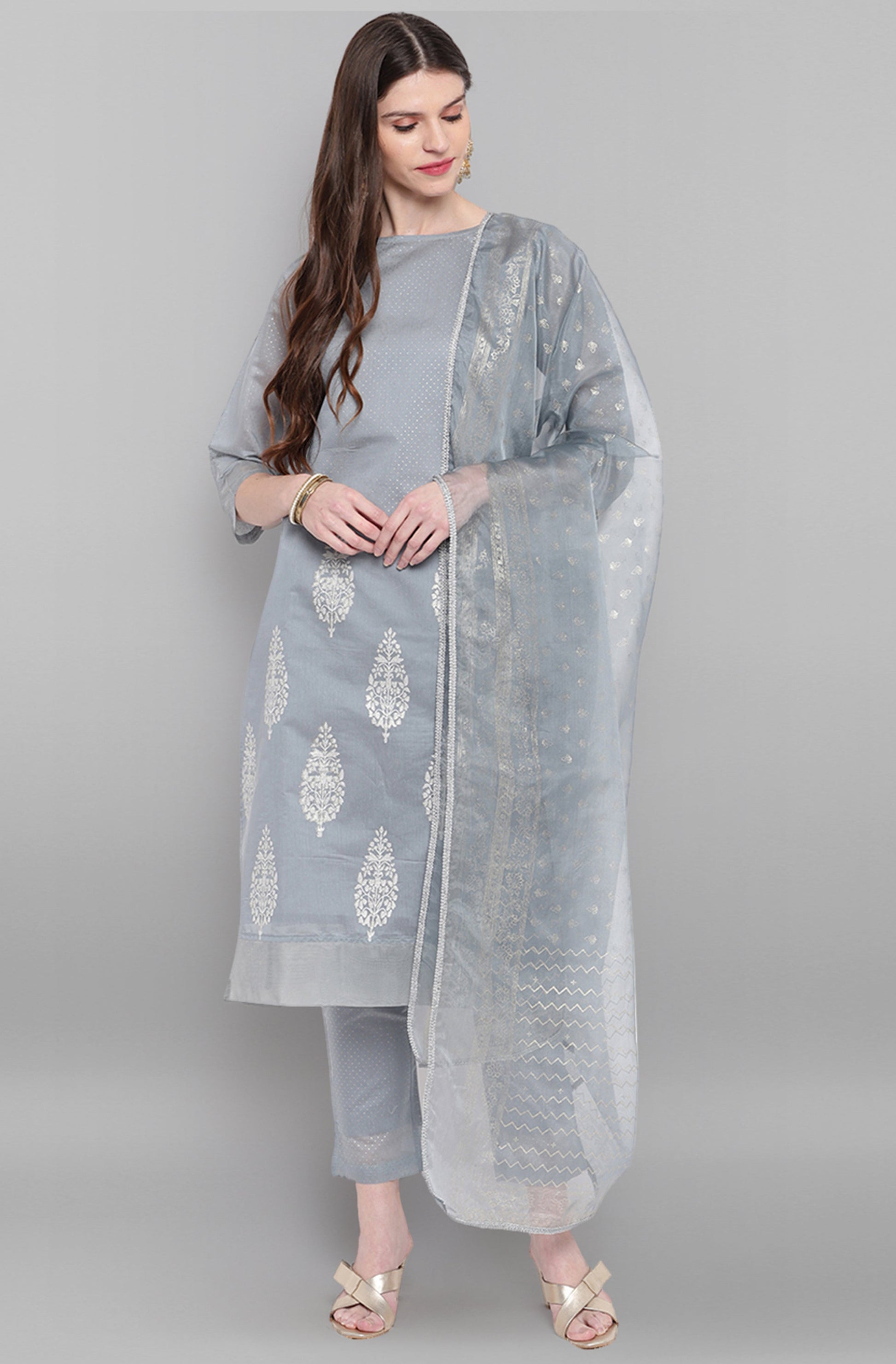 Janasya Women's Grey Poly Chanderi Ethnic Motifs Kurta With Pant And Dupatta | Swadesiicart