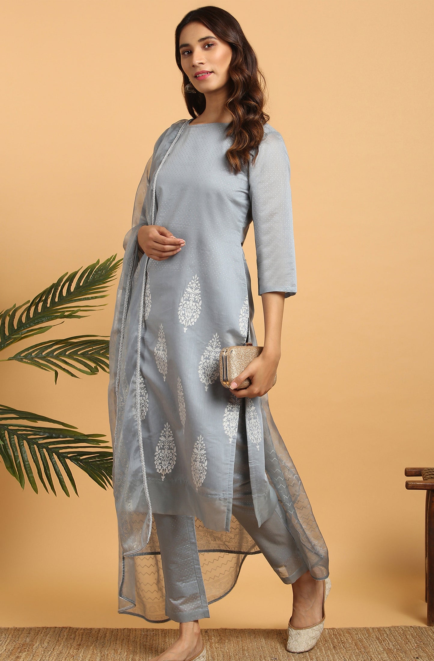 Janasya Women's Grey Poly Chanderi Ethnic Motifs Kurta With Pant And Dupatta | Swadesiicart