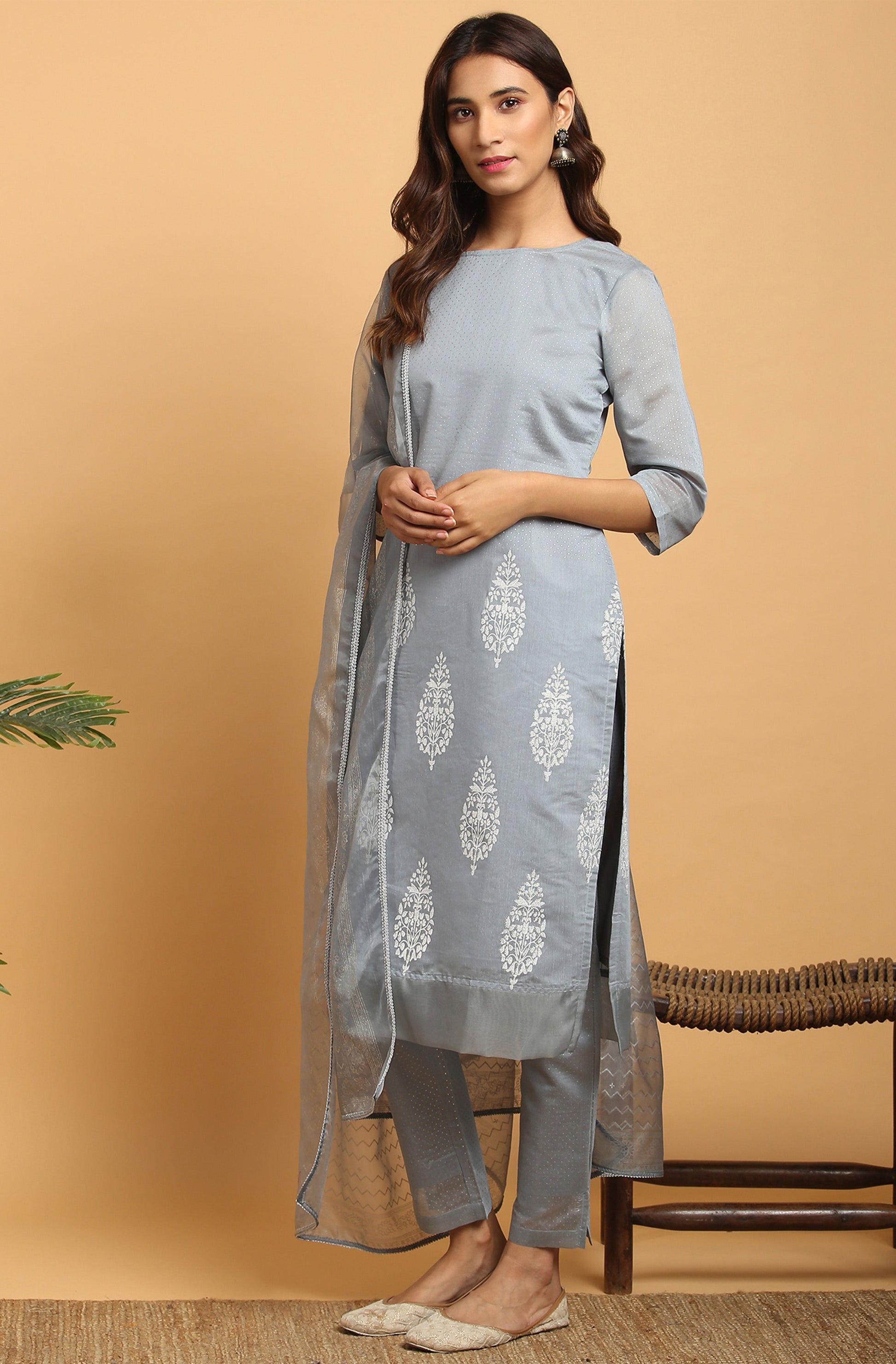Janasya Women's Grey Poly Chanderi Ethnic Motifs Kurta With Pant And Dupatta | Swadesiicart