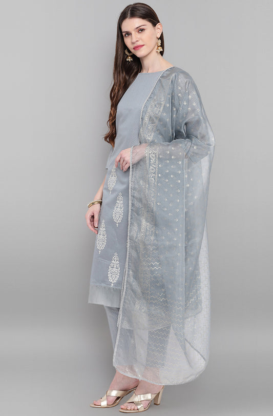 Janasya Women's Grey Poly Chanderi Ethnic Motifs Kurta With Pant And Dupatta | Swadesiicart