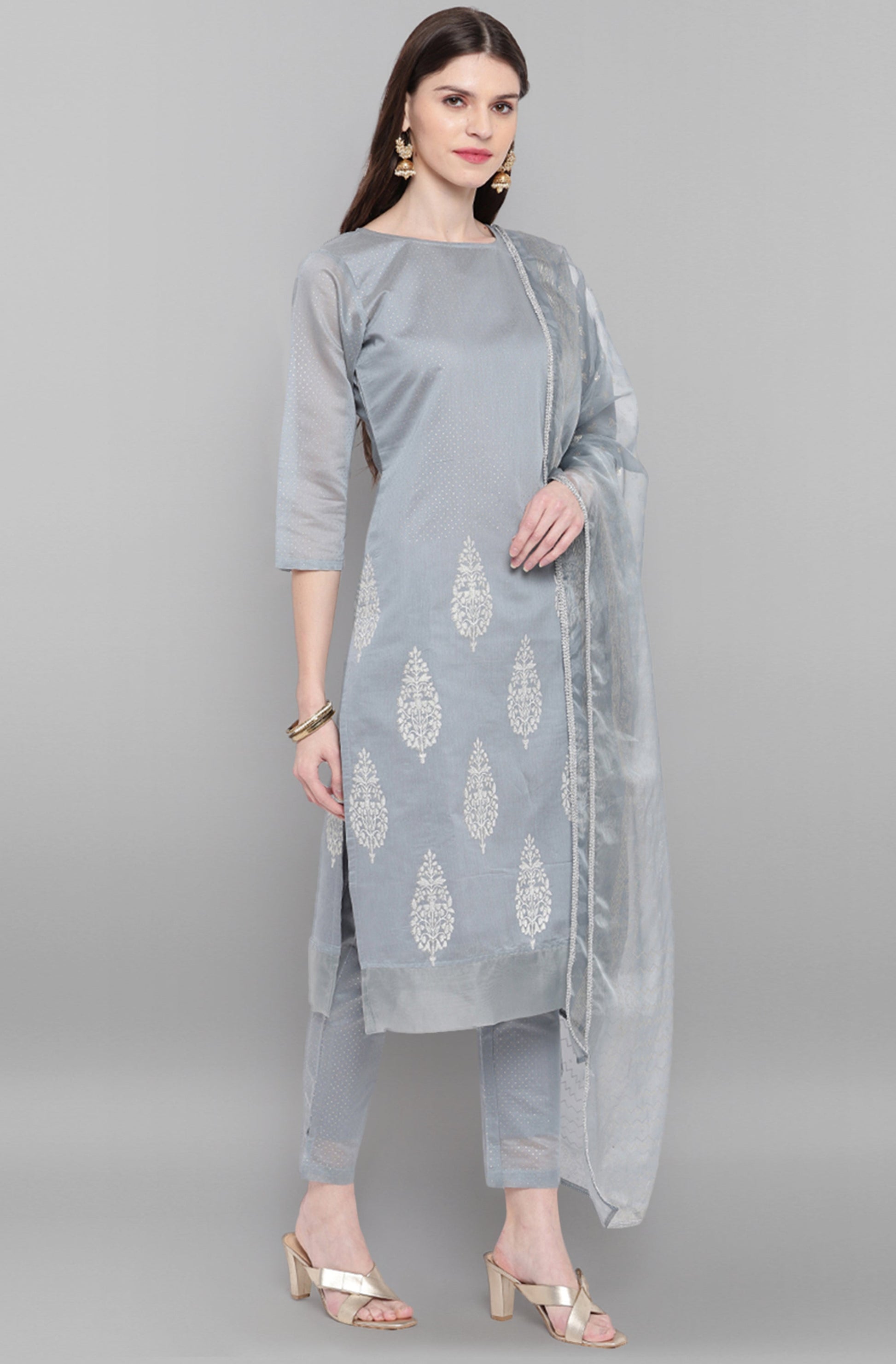 Janasya Women's Grey Poly Chanderi Ethnic Motifs Kurta With Pant And Dupatta | Swadesiicart