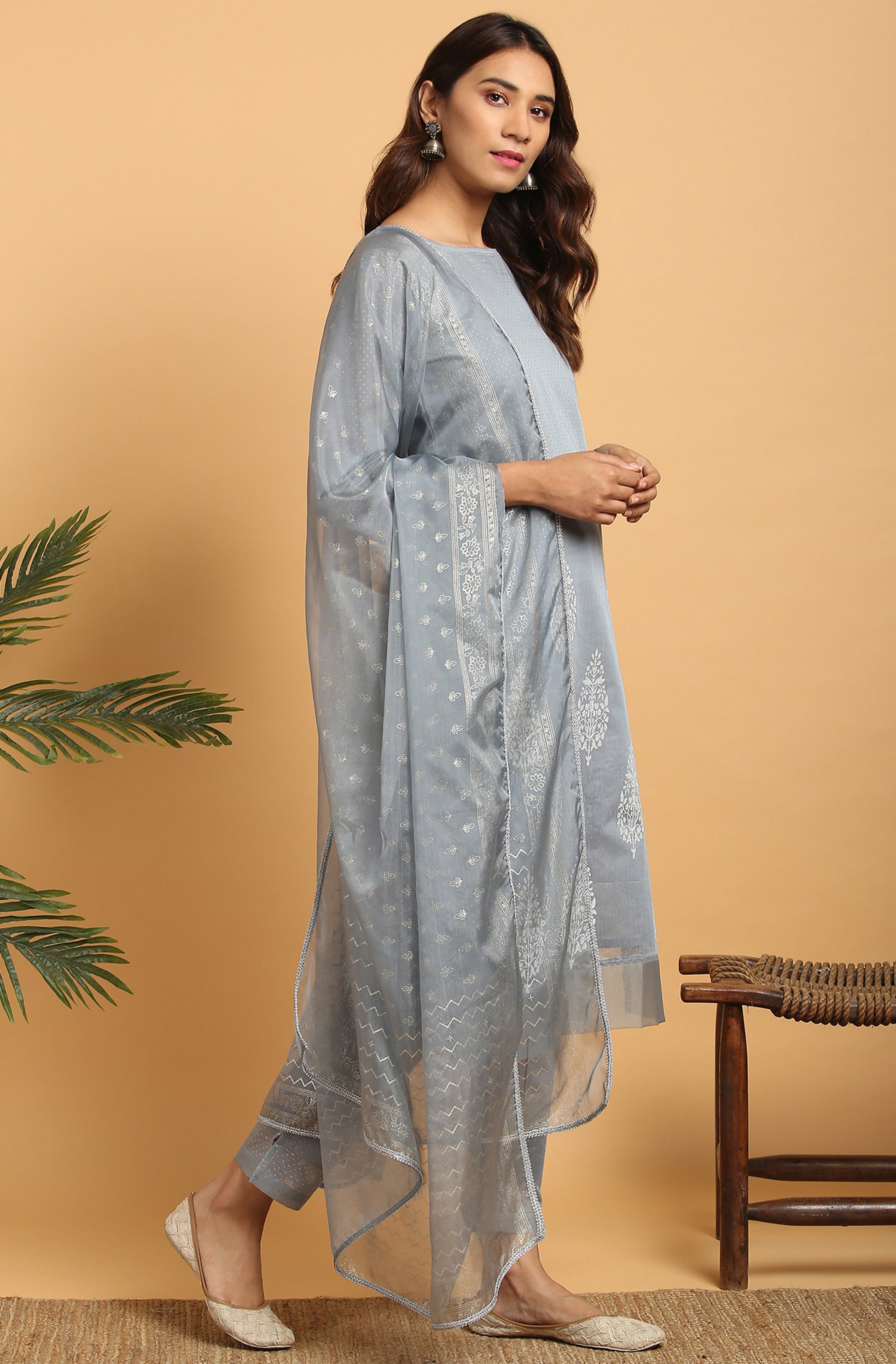Janasya Women's Grey Poly Chanderi Ethnic Motifs Kurta With Pant And Dupatta | Swadesiicart