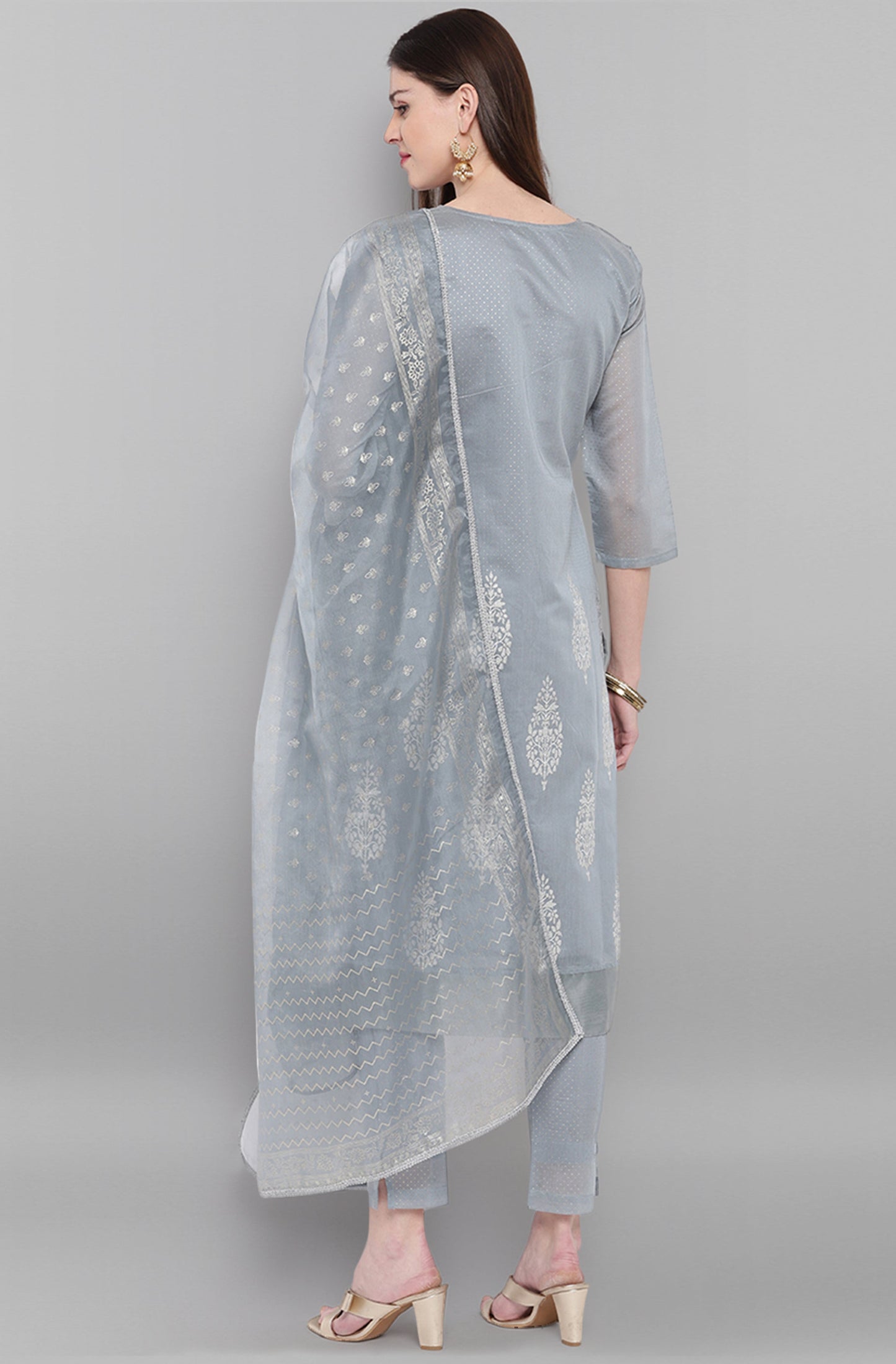 Janasya Women's Grey Poly Chanderi Ethnic Motifs Kurta With Pant And Dupatta | Swadesiicart