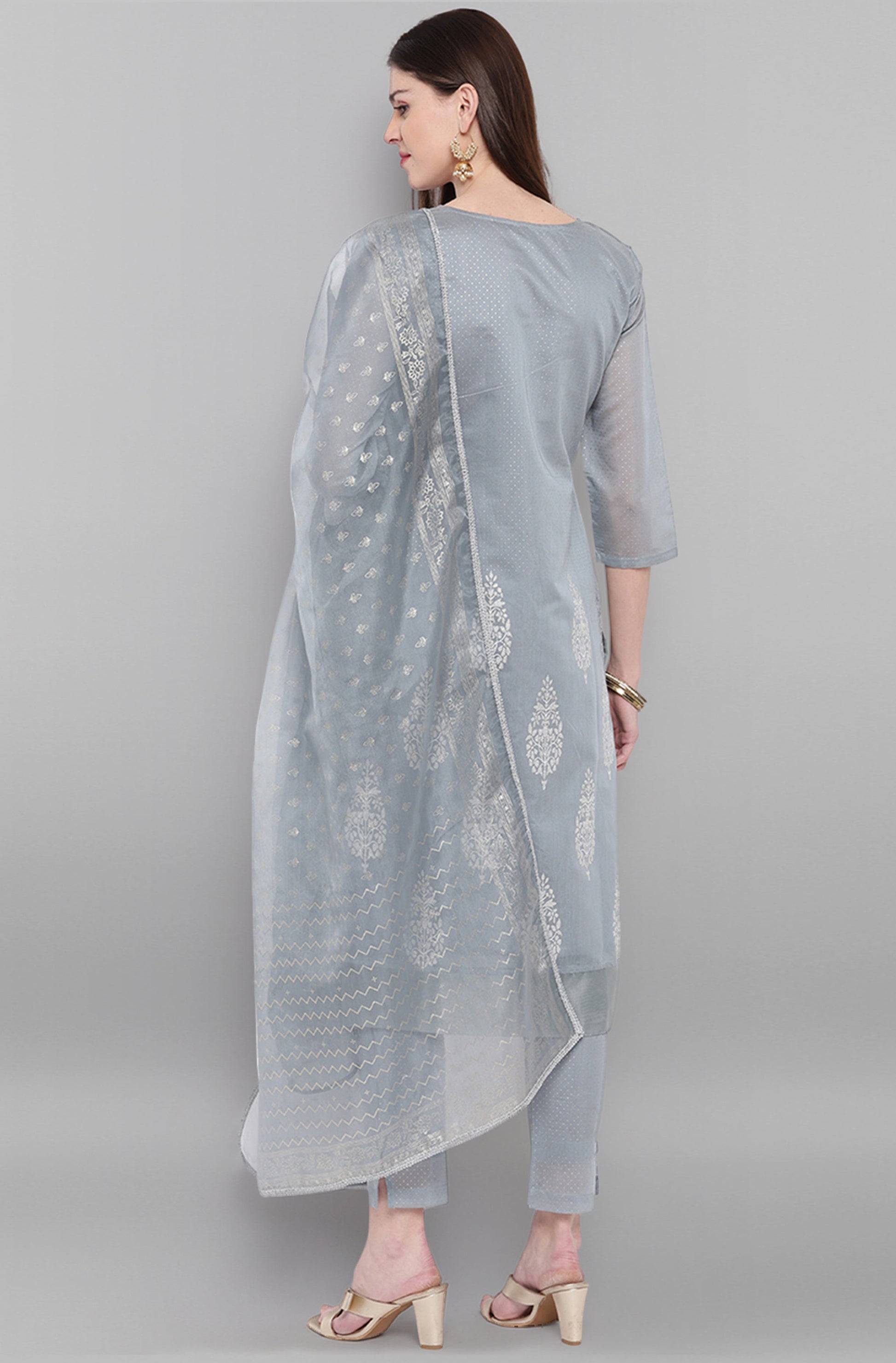 Janasya Women's Grey Poly Chanderi Ethnic Motifs Kurta With Pant And Dupatta | Swadesiicart