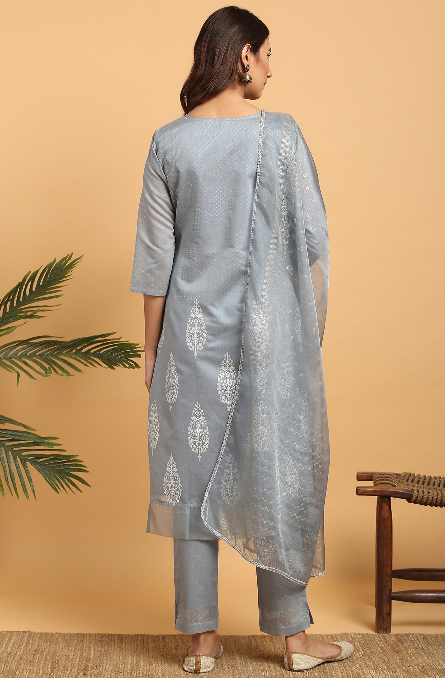 Janasya Women's Grey Poly Chanderi Ethnic Motifs Kurta With Pant And Dupatta | Swadesiicart