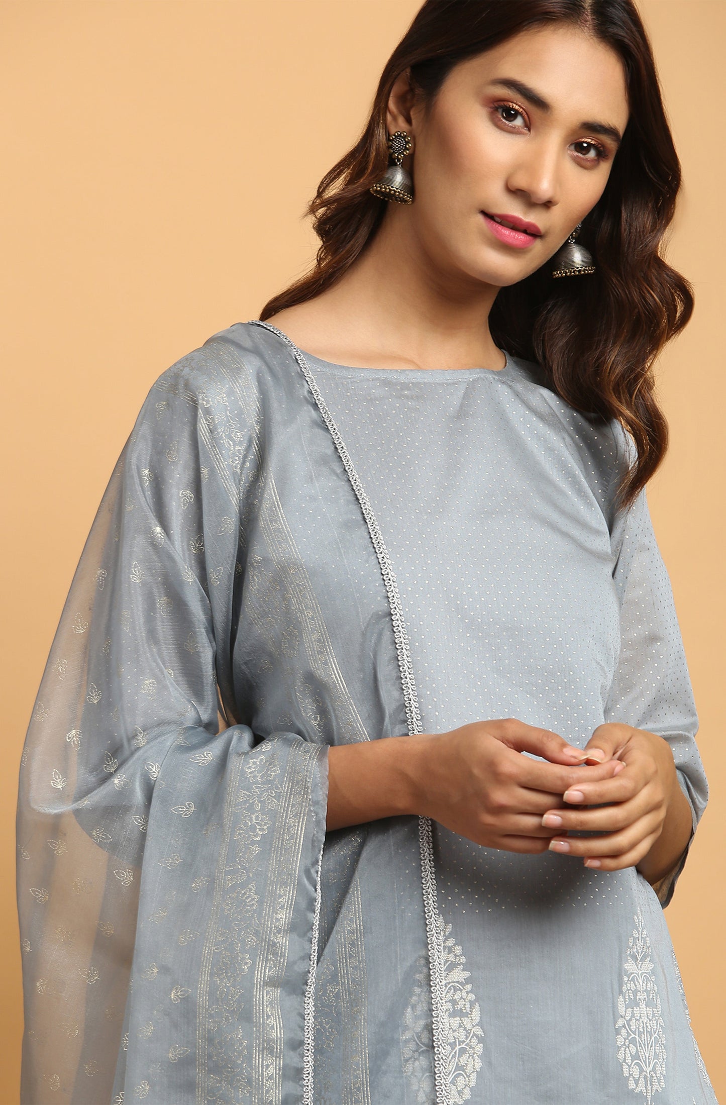 Janasya Women's Grey Poly Chanderi Ethnic Motifs Kurta With Pant And Dupatta | Swadesiicart
